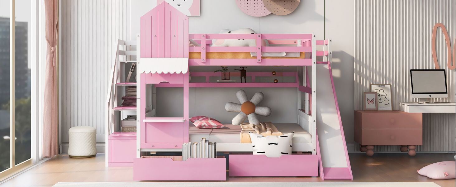 Full Over Full Wood Castle Bunk Bed with Slide, Drawers, and Shelves in Pink | Just Better Bunk Beds