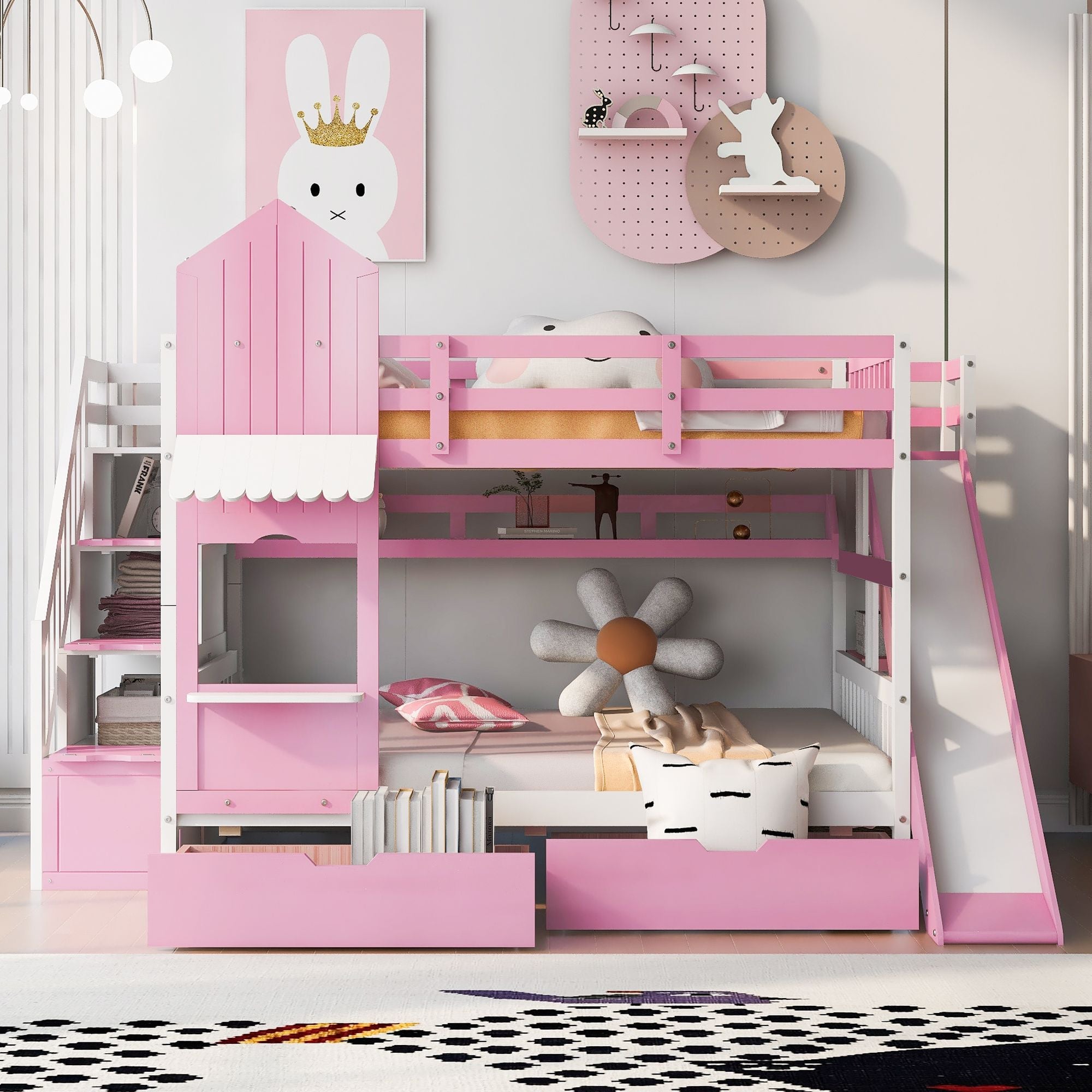 Full Over Full Wood Castle Bunk Bed with Slide, Drawers, and Shelves in Pink | Just Better Bunk Beds