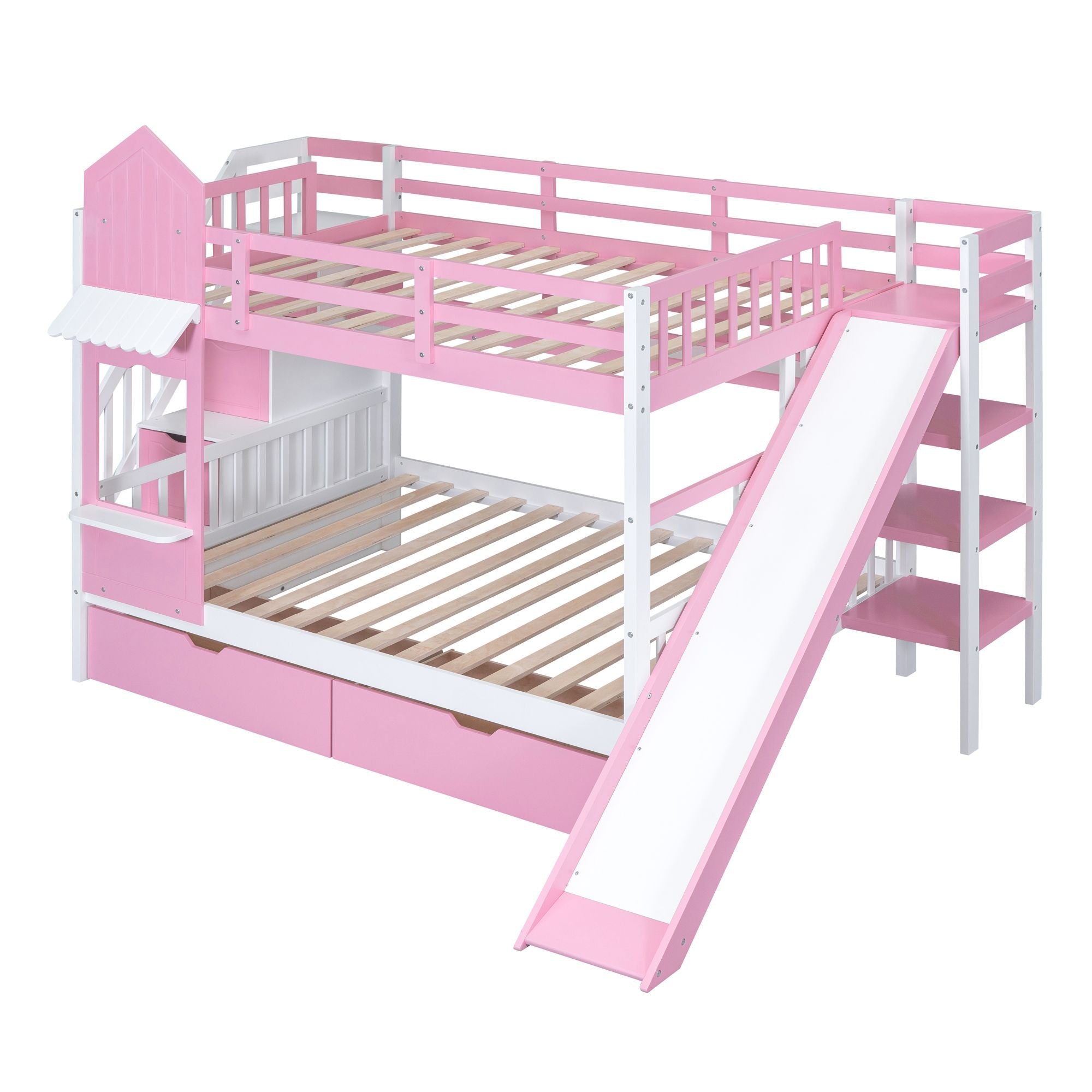 Full Over Full Wood Castle Bunk Bed with Slide, Drawers, and Shelves in Pink | Just Better Bunk Beds