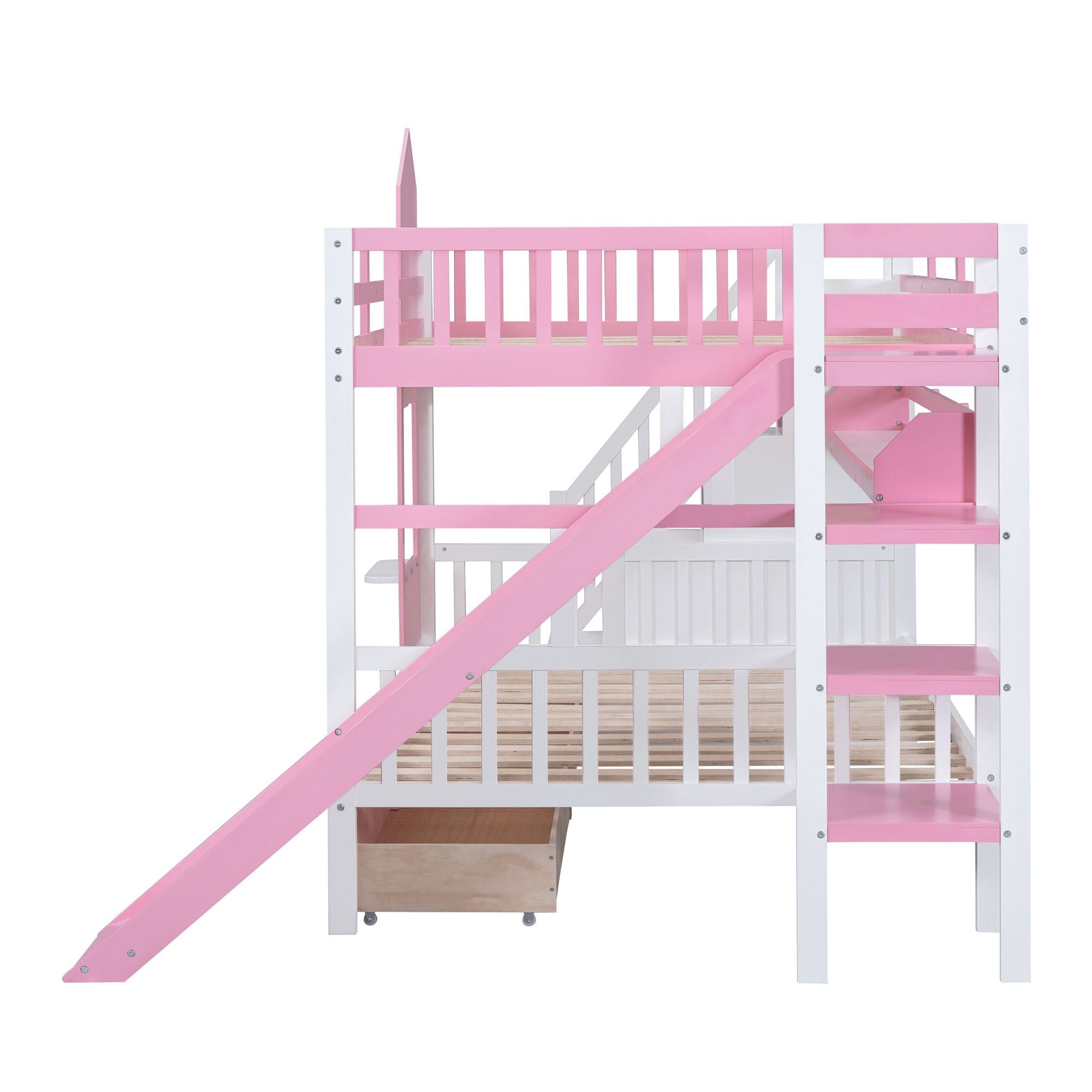 Full Over Full Wood Castle Bunk Bed with Slide, Drawers, and Shelves in Pink | Just Better Bunk Beds