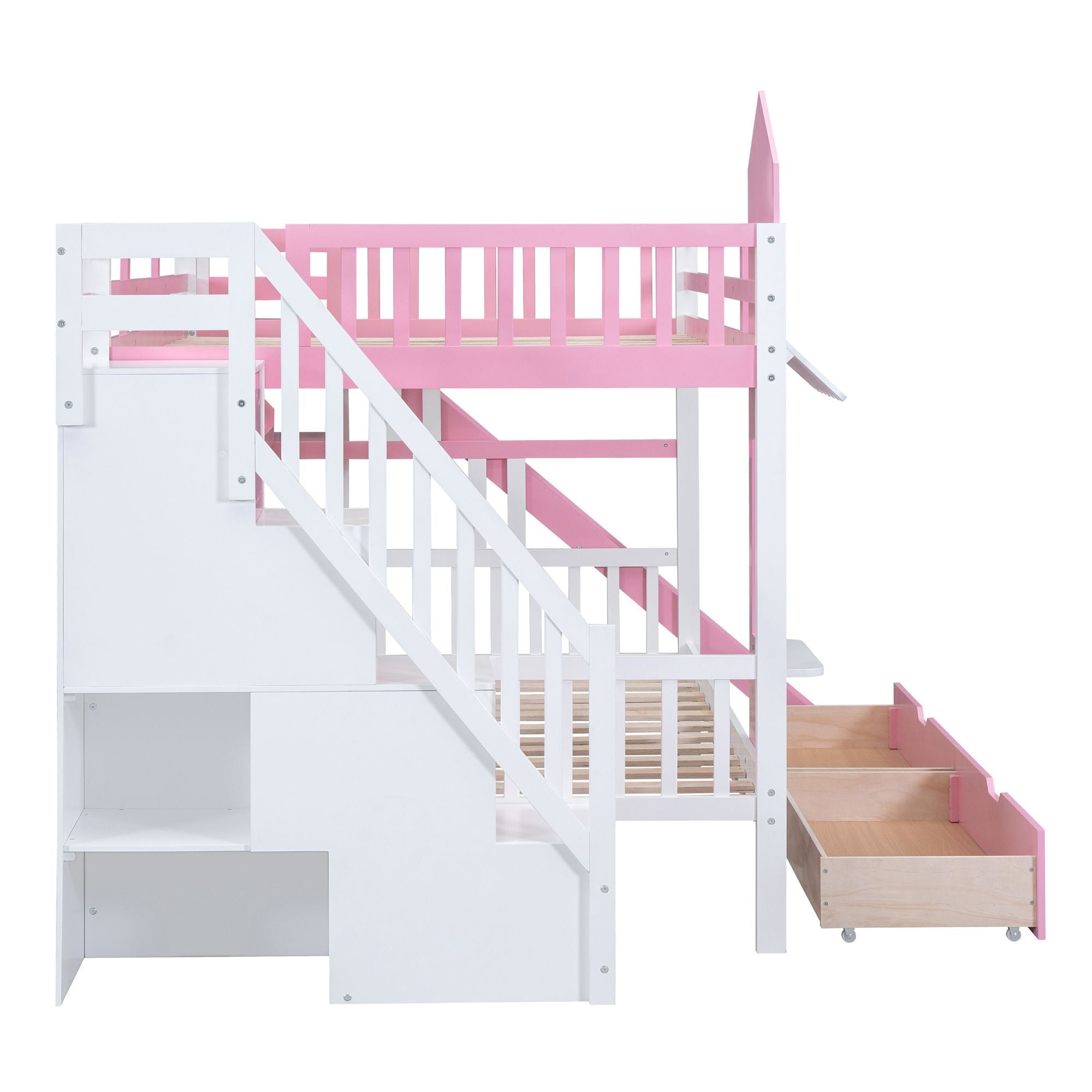 Full Over Full Wood Castle Bunk Bed with Slide, Drawers, and Shelves in Pink | Just Better Bunk Beds