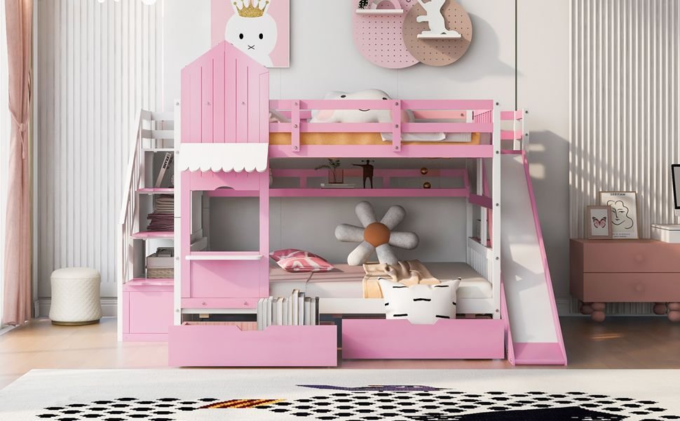 Full Over Full Wood Castle Bunk Bed with Slide, Drawers, and Shelves in Pink | Just Better Bunk Beds
