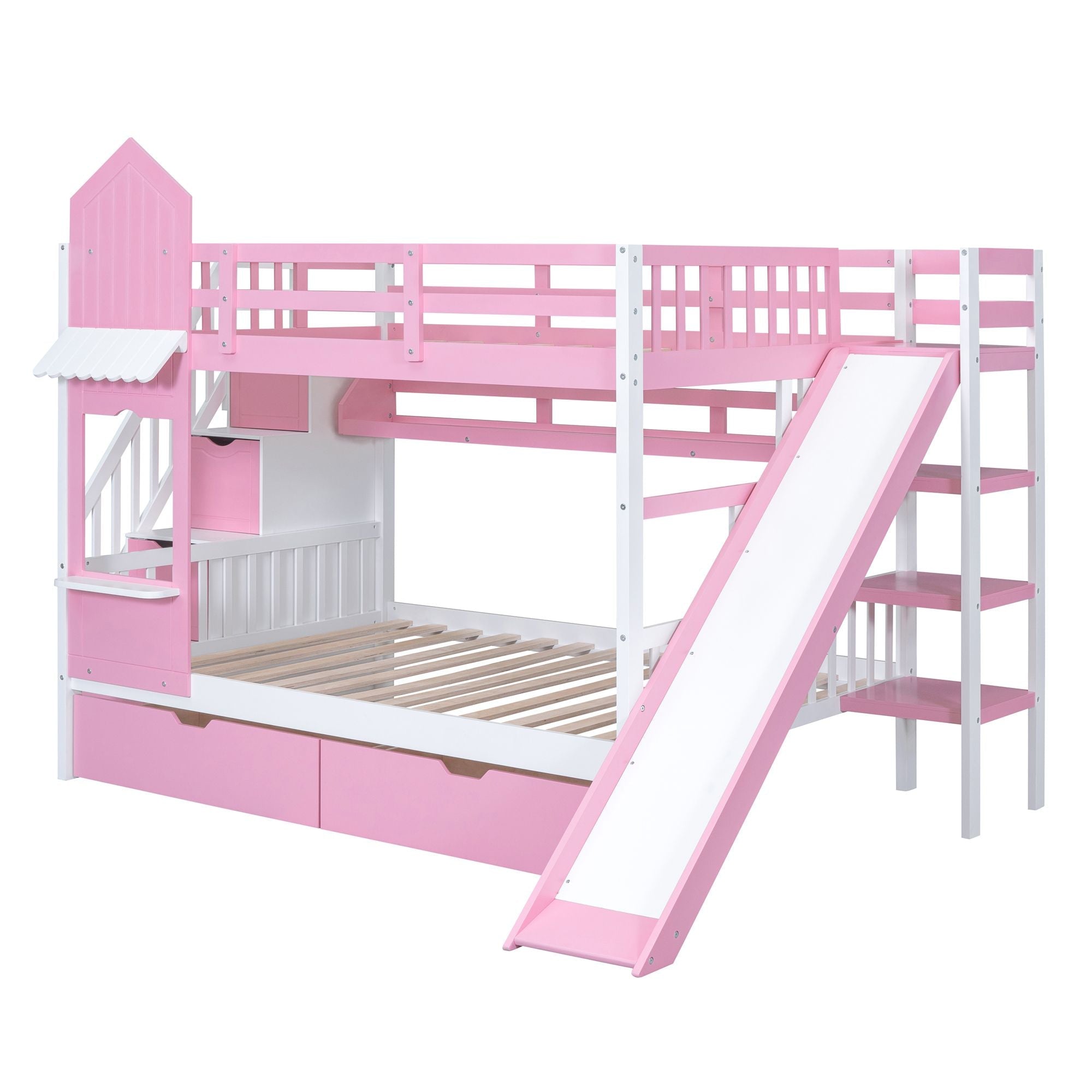 Full Over Full Wood Castle Bunk Bed with Slide, Drawers, and Shelves in Pink | Just Better Bunk Beds