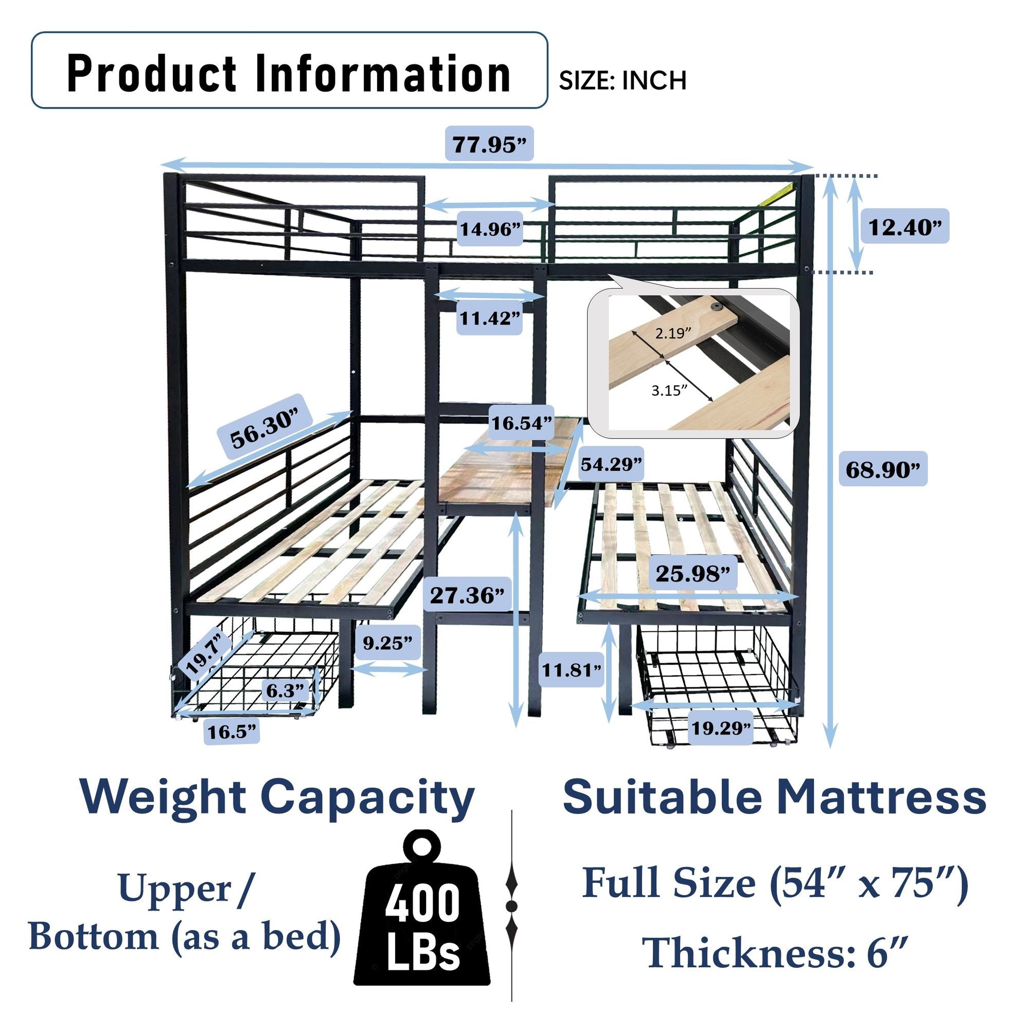 Full Size Convertible Wood Loft Bed with Table Set and Full Over Full Bunk Bed Capability, Black | Just Better Bunk Beds