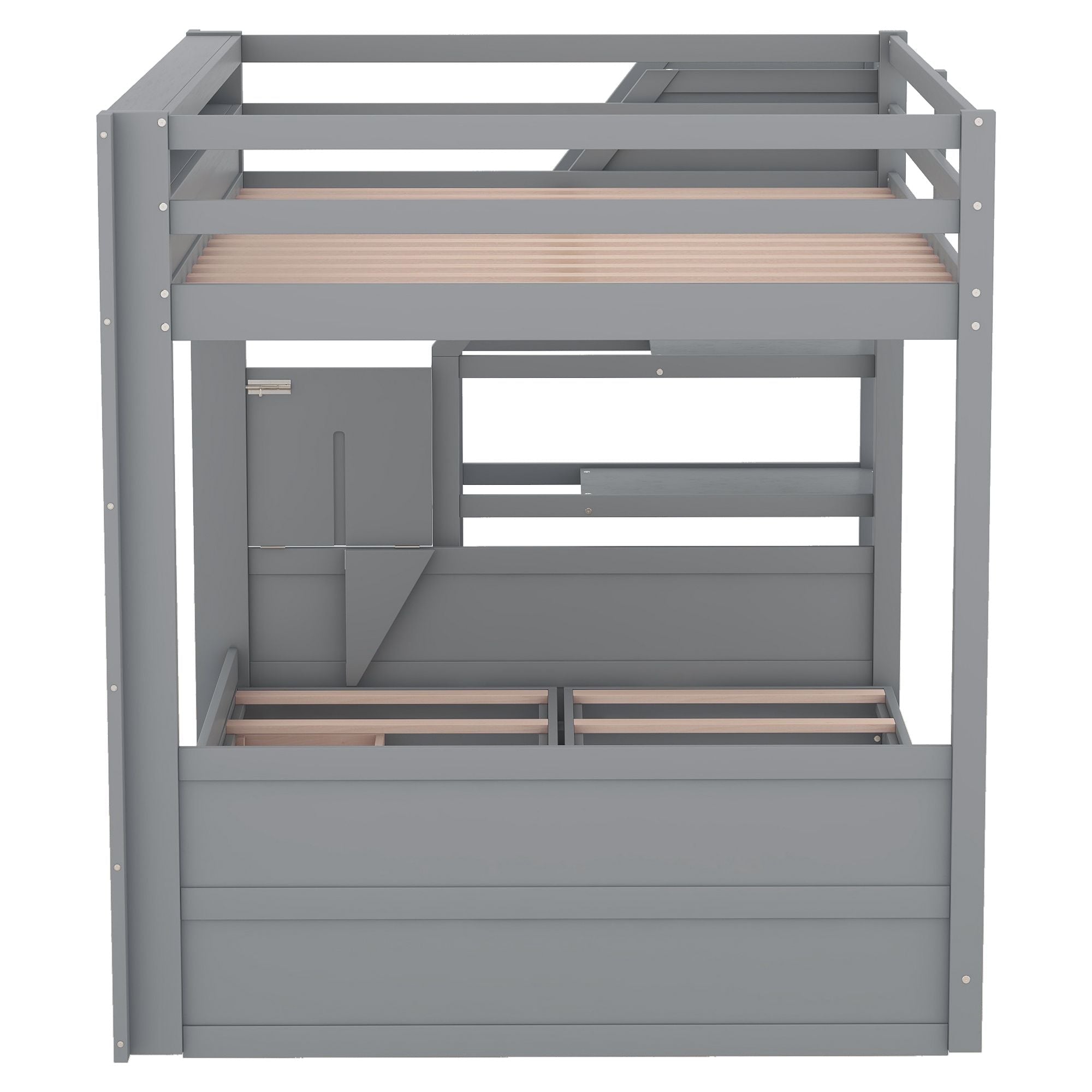 Full Size Wood Convertible Bunk Bed with Storage Staircase, Bedside Table, and 3 Drawers Gray | Just Better Bunk Beds