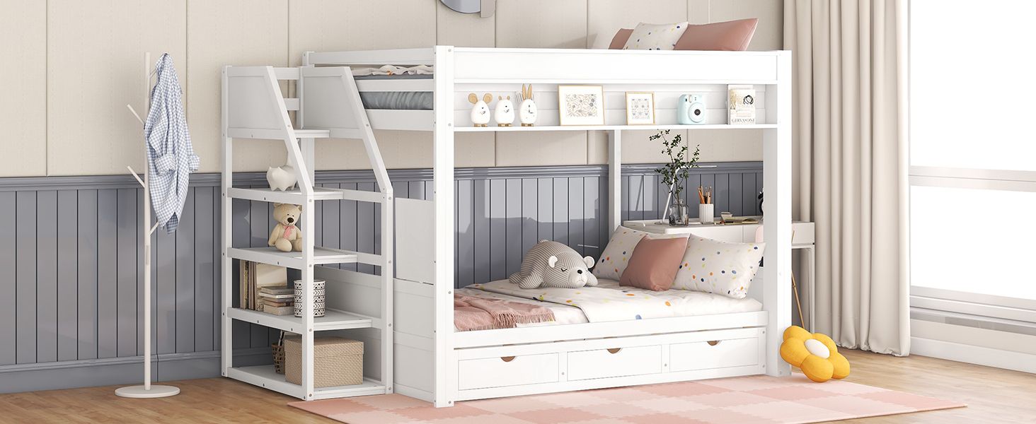 Full Size Wood Convertible Bunk Bed with Storage Staircase, Bedside Table, and 3 Drawers Gray | Just Better Bunk Beds