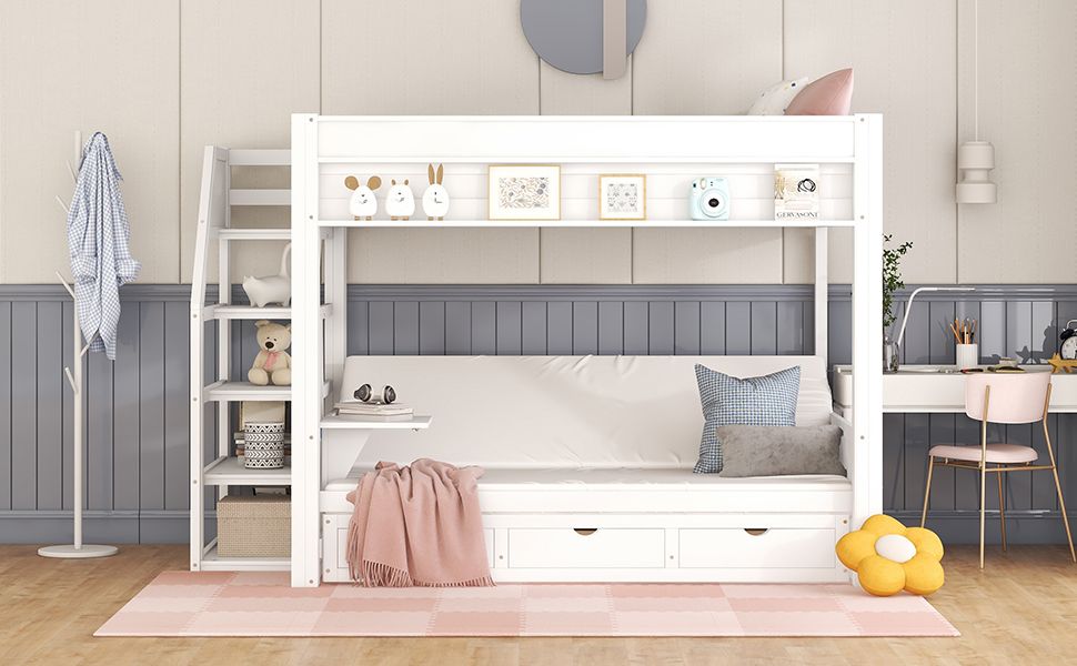 Full Size Wood Convertible Bunk Bed with Storage Staircase, Bedside Table, and 3 Drawers Gray | Just Better Bunk Beds