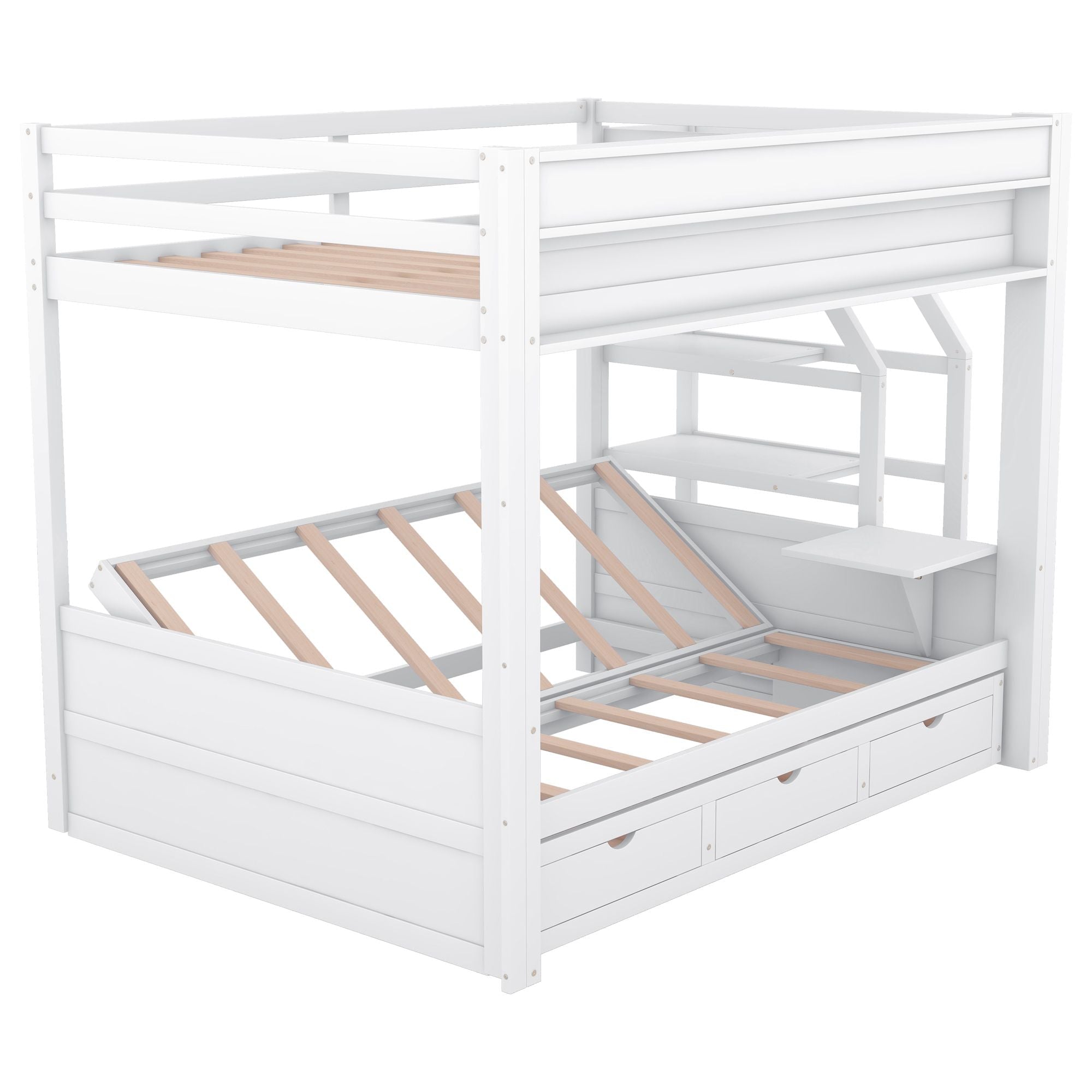 Full Size Wood Convertible Bunk Bed with Storage Staircase, Bedside Table, and 3 Drawers Gray | Just Better Bunk Beds