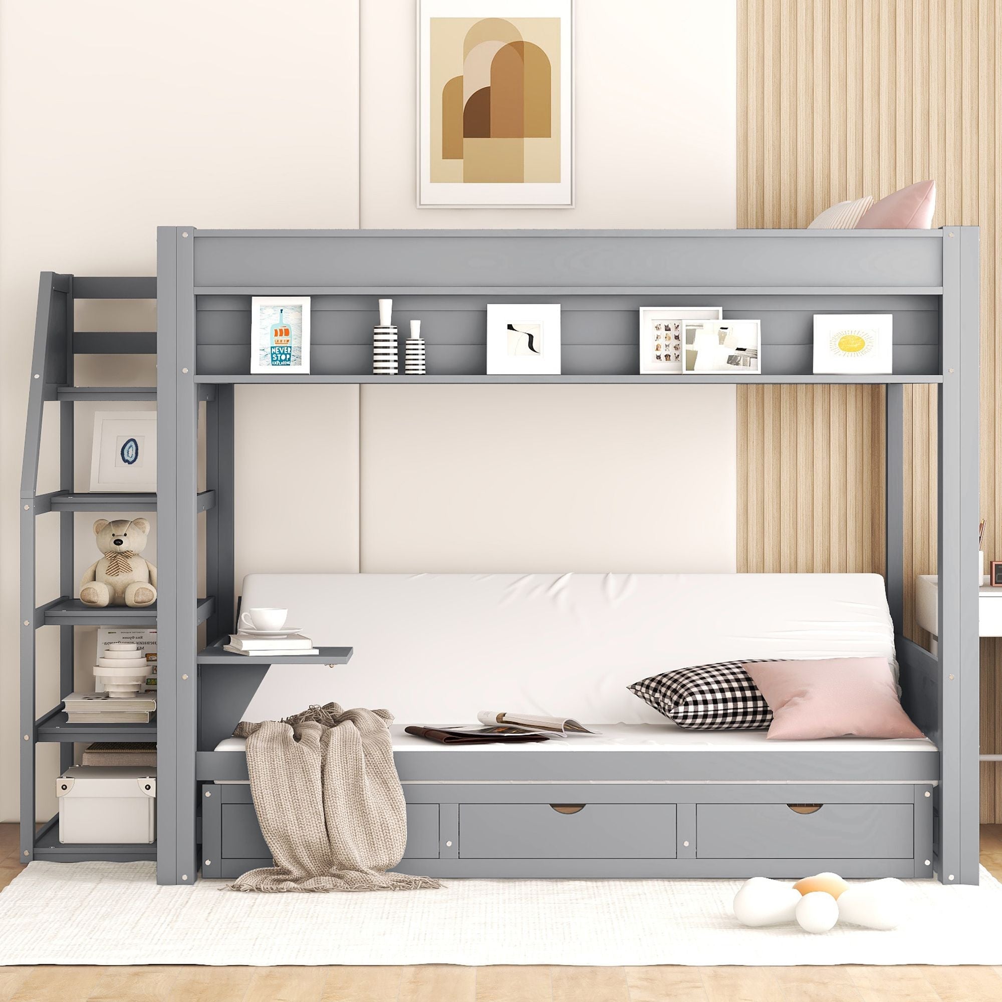 Full Size Wood Convertible Bunk Bed with Storage Staircase, Bedside Table, and 3 Drawers Gray | Just Better Bunk Beds