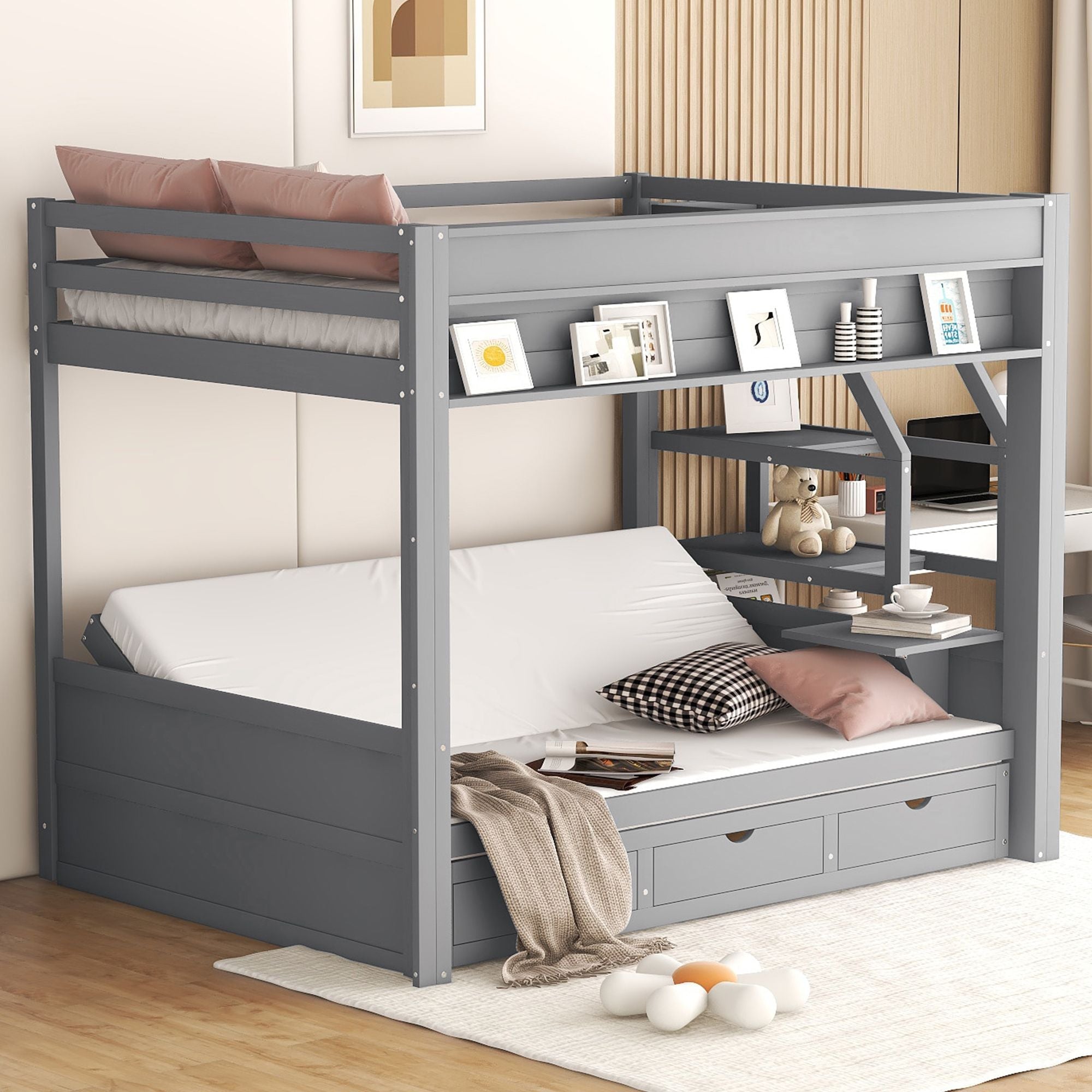 Full Size Wood Convertible Bunk Bed with Storage Staircase, Bedside Table, and 3 Drawers Gray | Just Better Bunk Beds