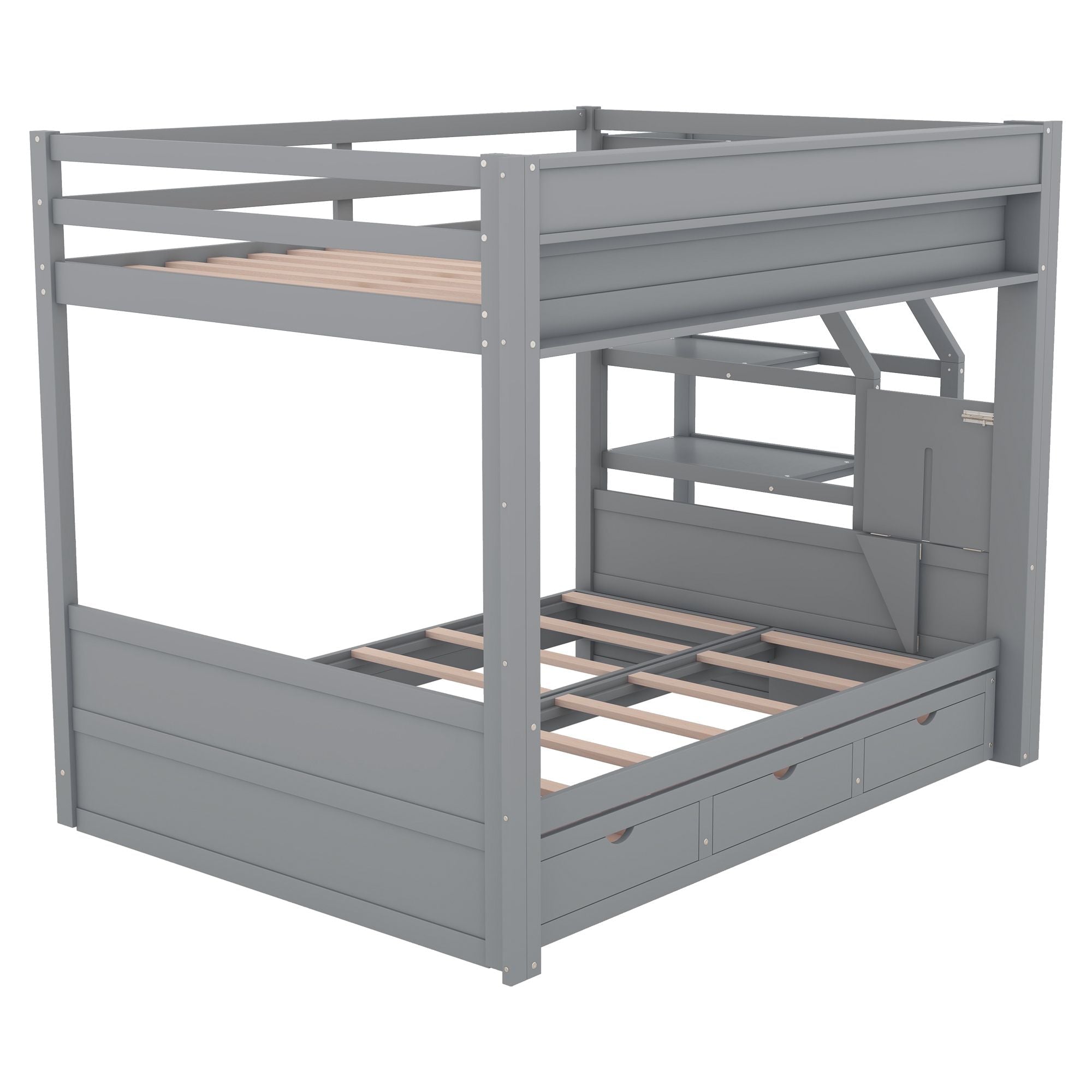 Full Size Wood Convertible Bunk Bed with Storage Staircase, Bedside Table, and 3 Drawers Gray | Just Better Bunk Beds