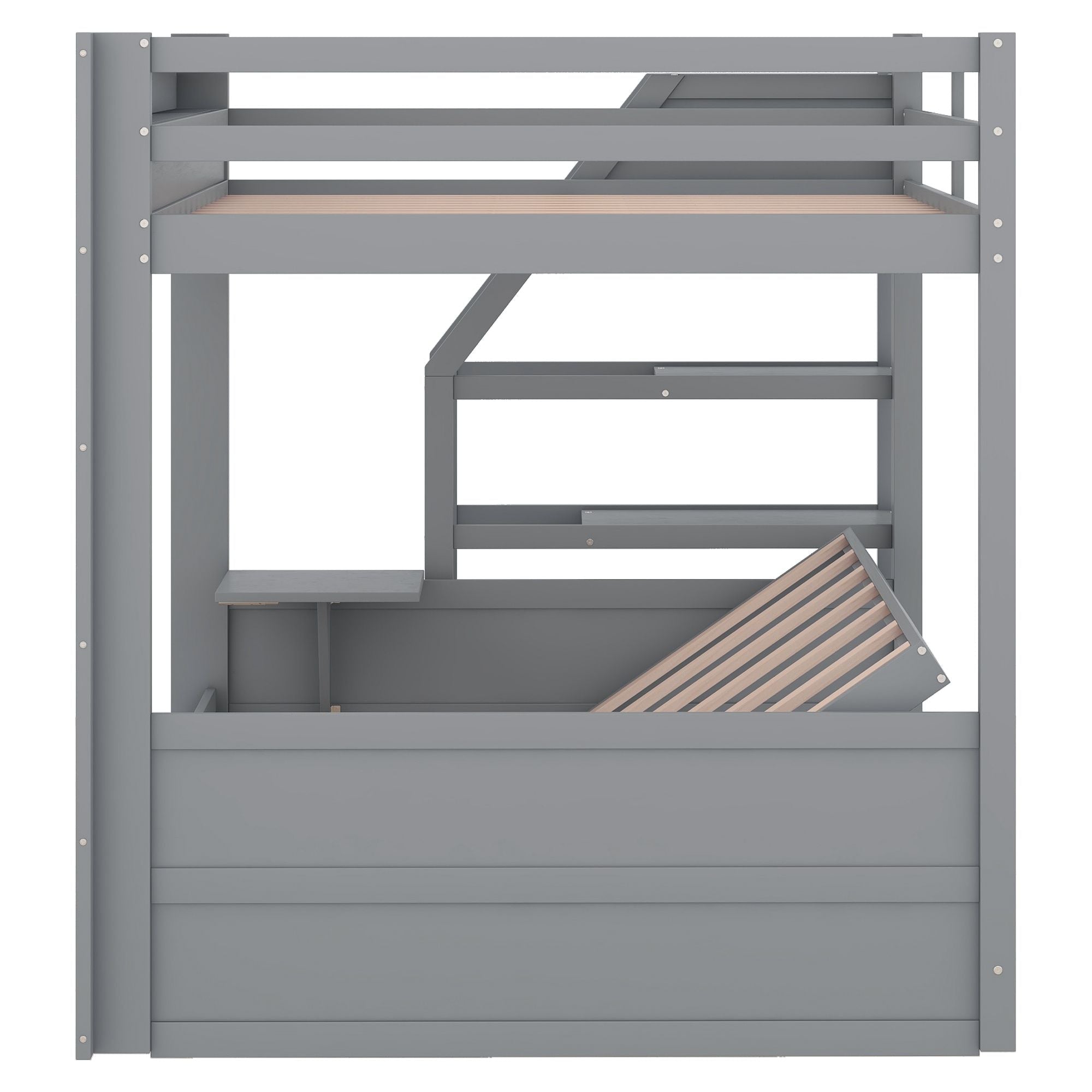 Full Size Wood Convertible Bunk Bed with Storage Staircase, Bedside Table, and 3 Drawers Gray | Just Better Bunk Beds