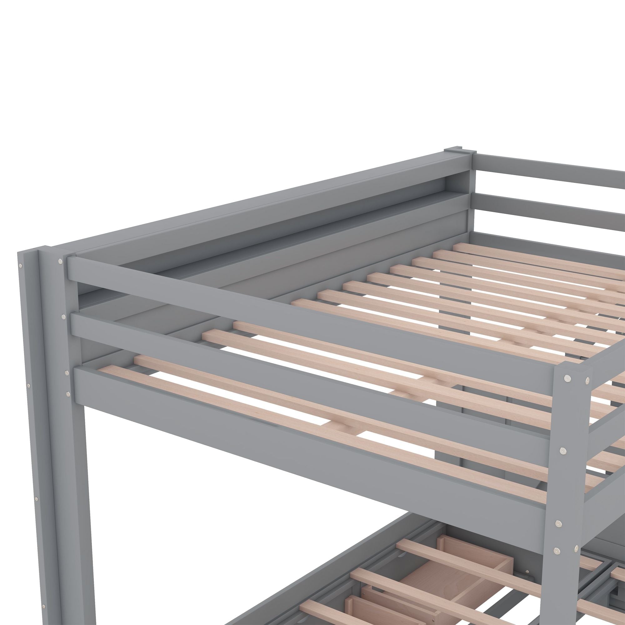 Full Size Wood Convertible Bunk Bed with Storage Staircase, Bedside Table, and 3 Drawers Gray | Just Better Bunk Beds