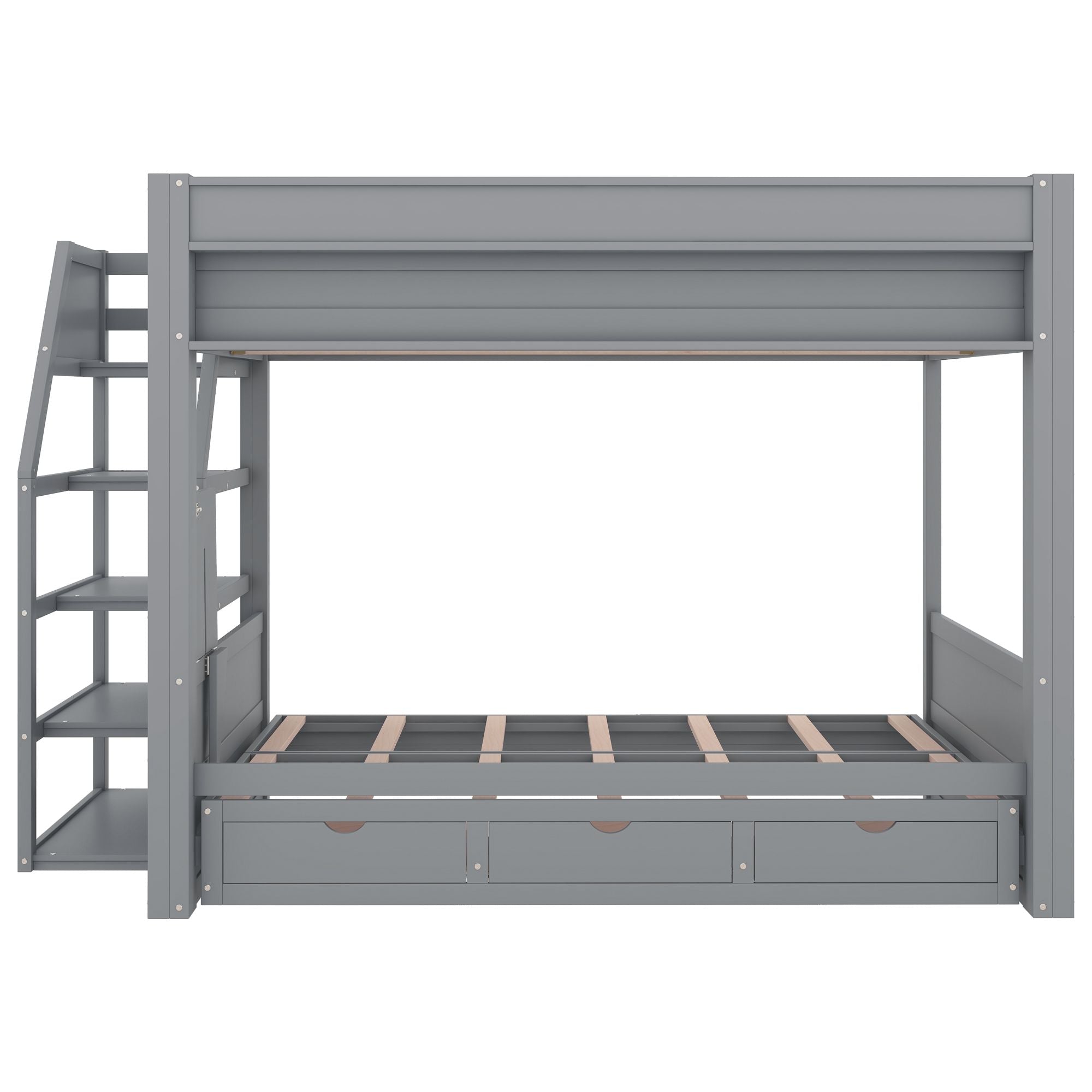 Full Size Wood Convertible Bunk Bed with Storage Staircase, Bedside Table, and 3 Drawers Gray | Just Better Bunk Beds