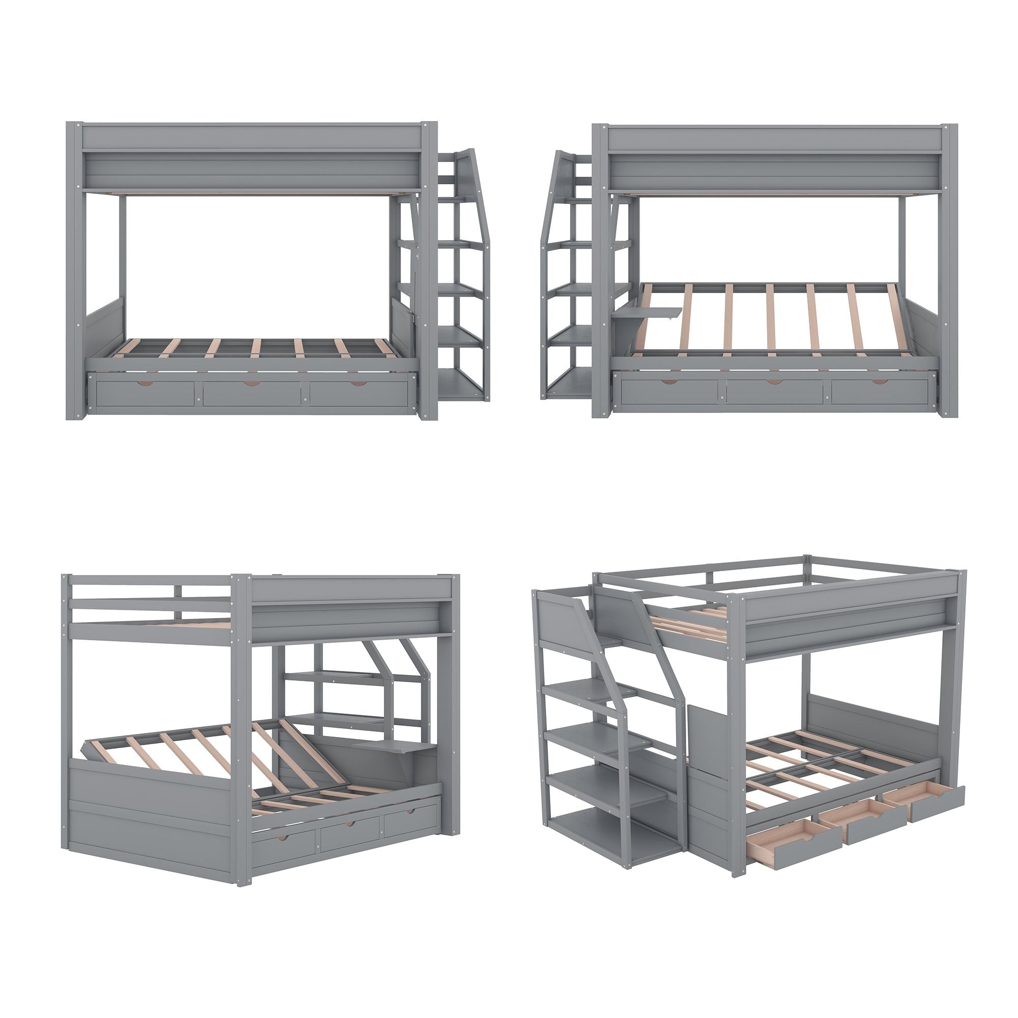 Full Size Wood Convertible Bunk Bed with Storage Staircase, Bedside Table, and 3 Drawers Gray | Just Better Bunk Beds