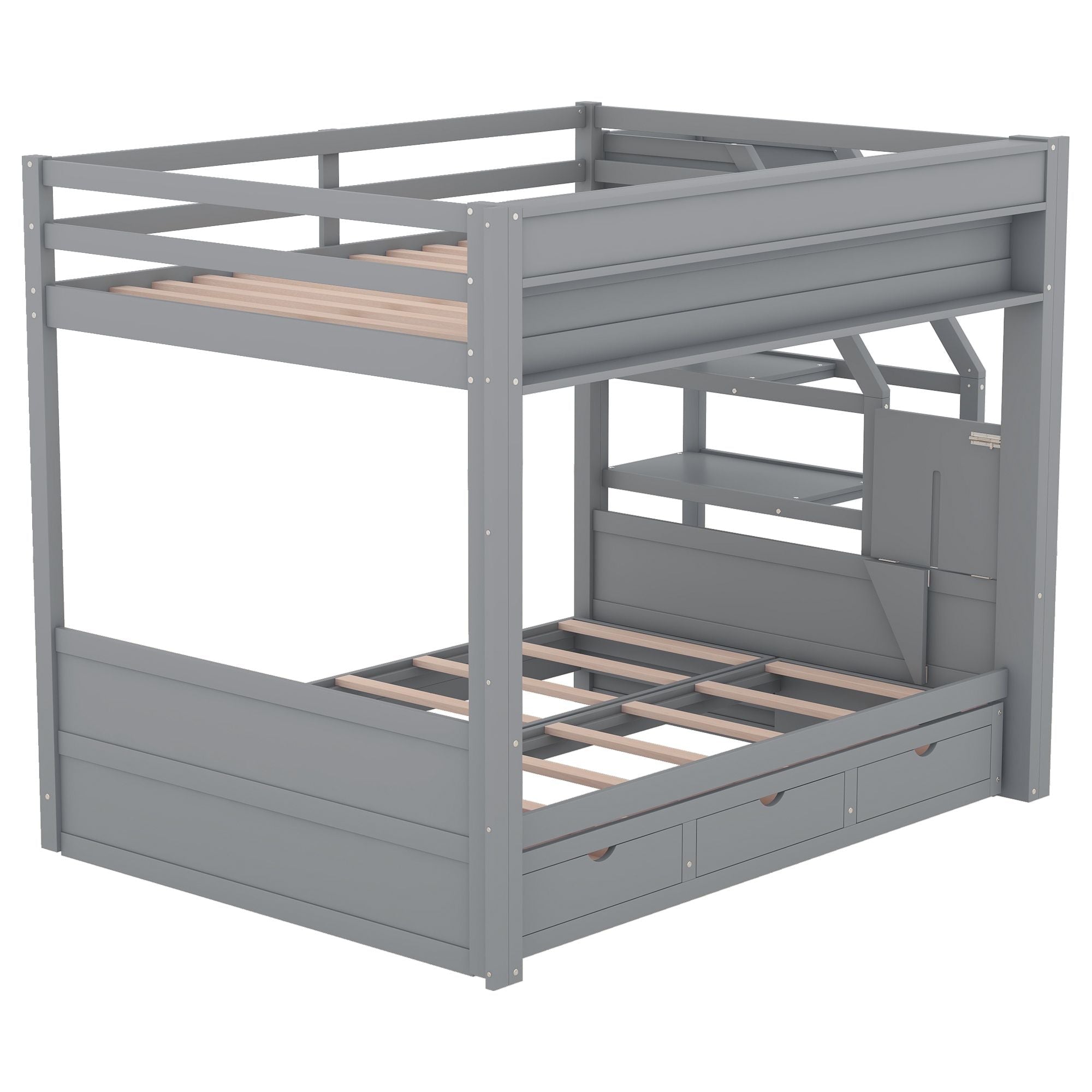 Full Size Wood Convertible Bunk Bed with Storage Staircase, Bedside Table, and 3 Drawers Gray | Just Better Bunk Beds