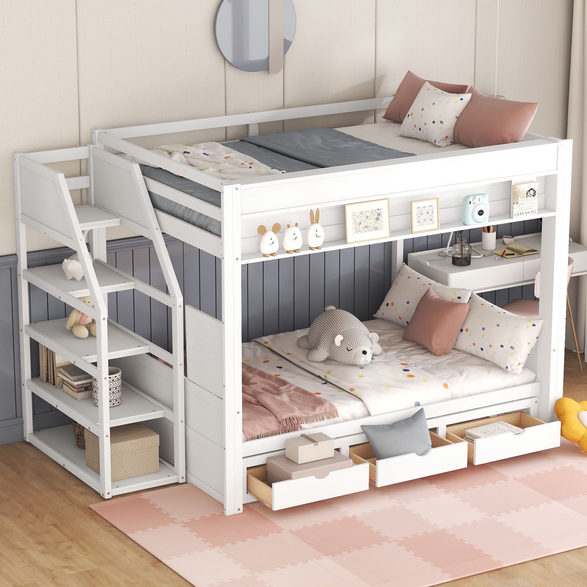 Full Size Wood Convertible Bunk Bed with Storage Staircase, Bedside Table, and 3 Drawers Gray | Just Better Bunk Beds