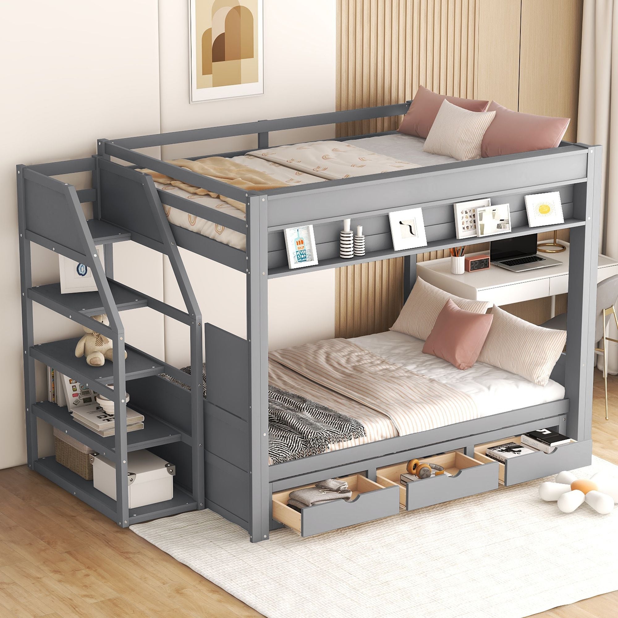 Full Size Wood Convertible Bunk Bed with Storage Staircase, Bedside Table, and 3 Drawers Gray | Just Better Bunk Beds