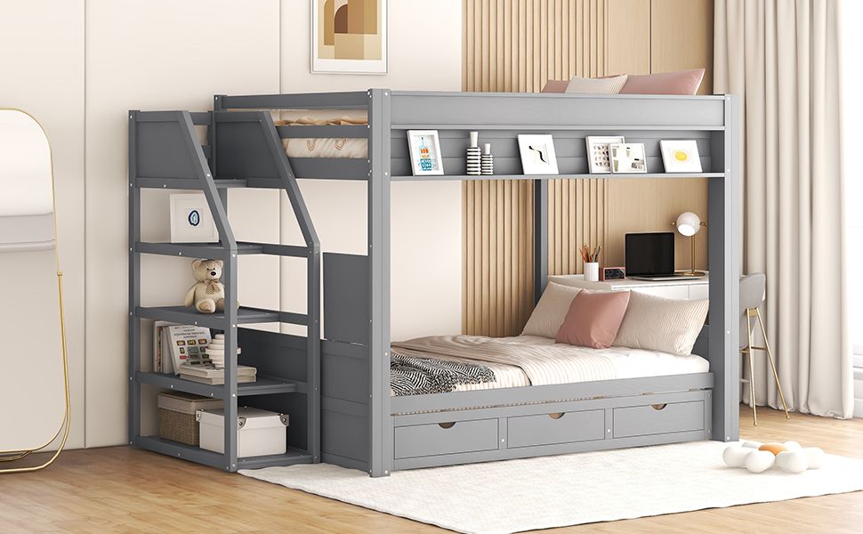 Full Size Wood Convertible Bunk Bed with Storage Staircase, Bedside Table, and 3 Drawers Gray | Just Better Bunk Beds
