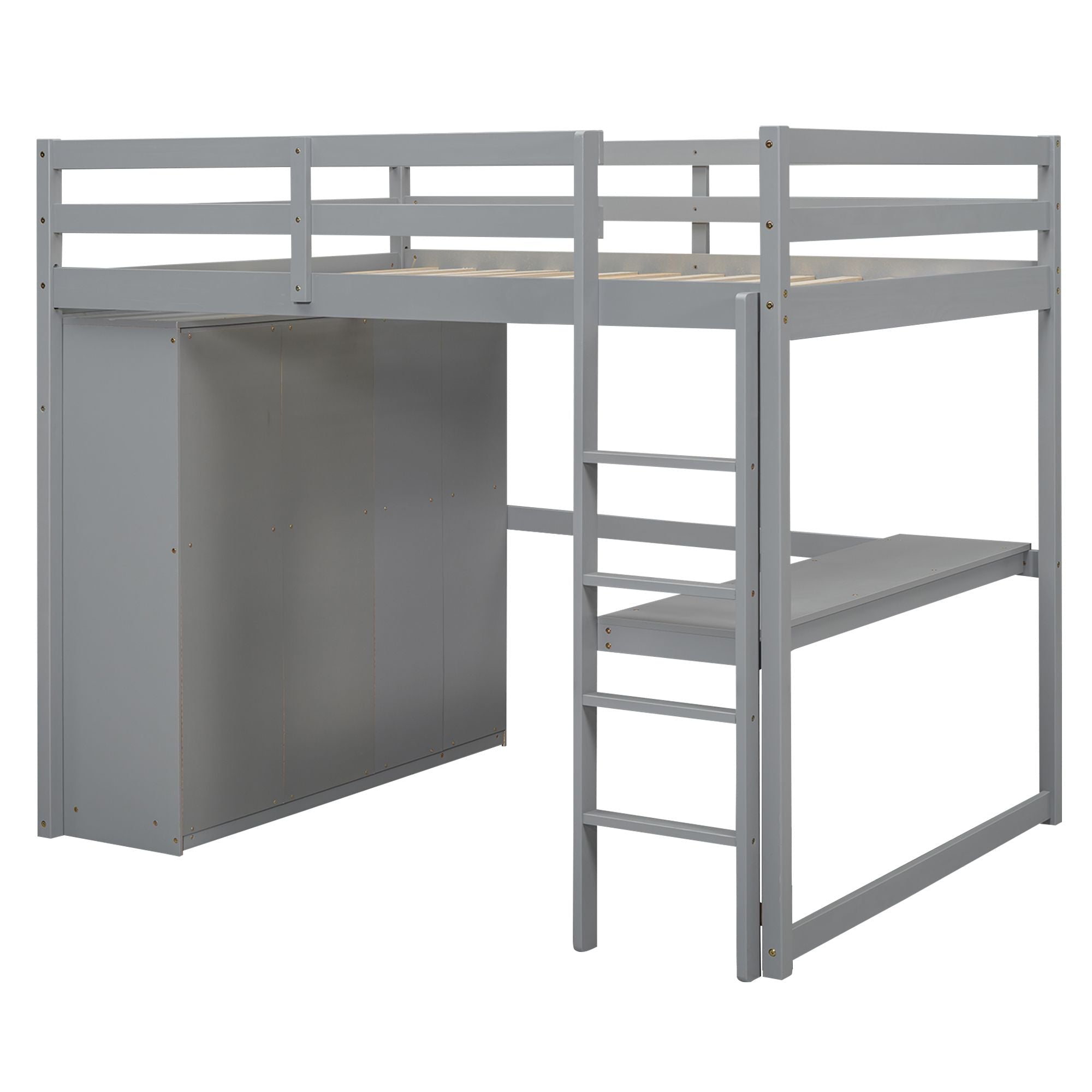 Full Size Wood Loft Bed with Built-in Wardrobe, Desk, and Storage, Gray | Just Better Bunk Beds