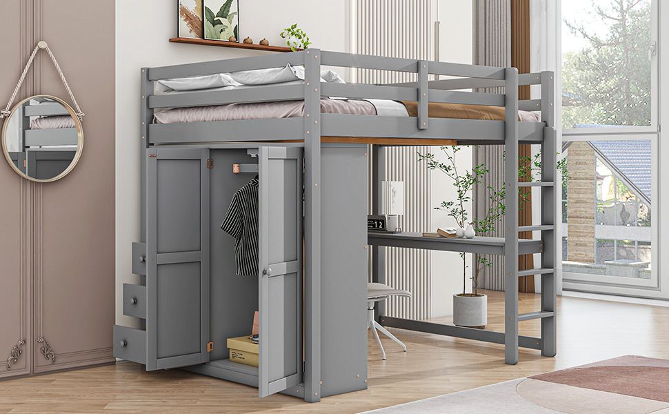 Full Size Wood Loft Bed with Built-in Wardrobe, Desk, and Storage, Gray | Just Better Bunk Beds