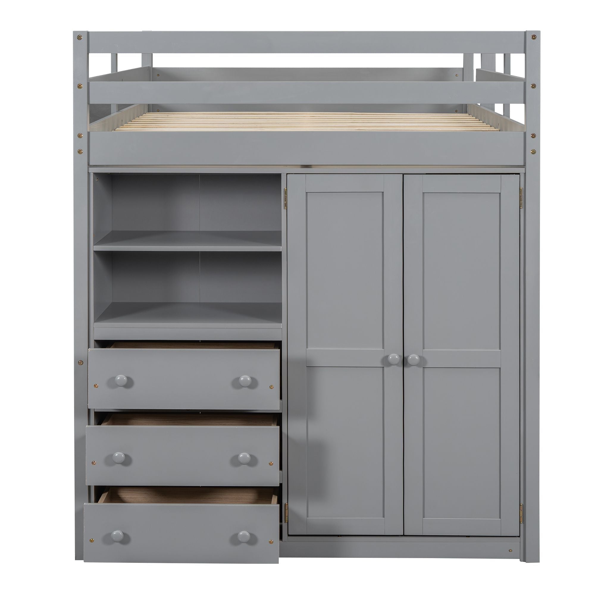 Full Size Wood Loft Bed with Built-in Wardrobe, Desk, and Storage, Gray | Just Better Bunk Beds