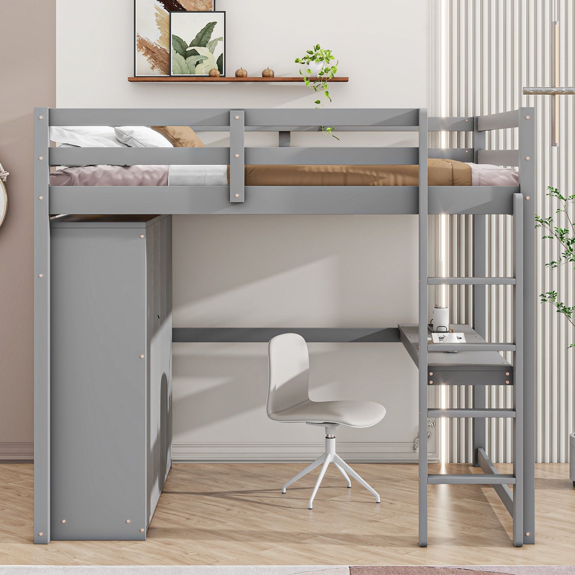 Full Size Wood Loft Bed with Built-in Wardrobe, Desk, and Storage, Gray | Just Better Bunk Beds