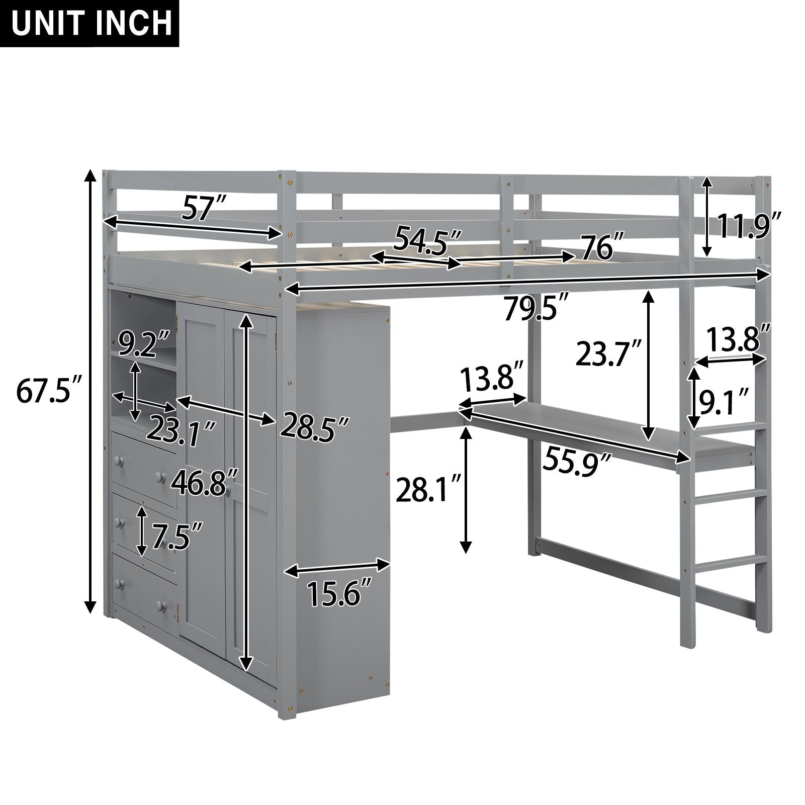 Full Size Wood Loft Bed with Built-in Wardrobe, Desk, and Storage, Gray | Just Better Bunk Beds