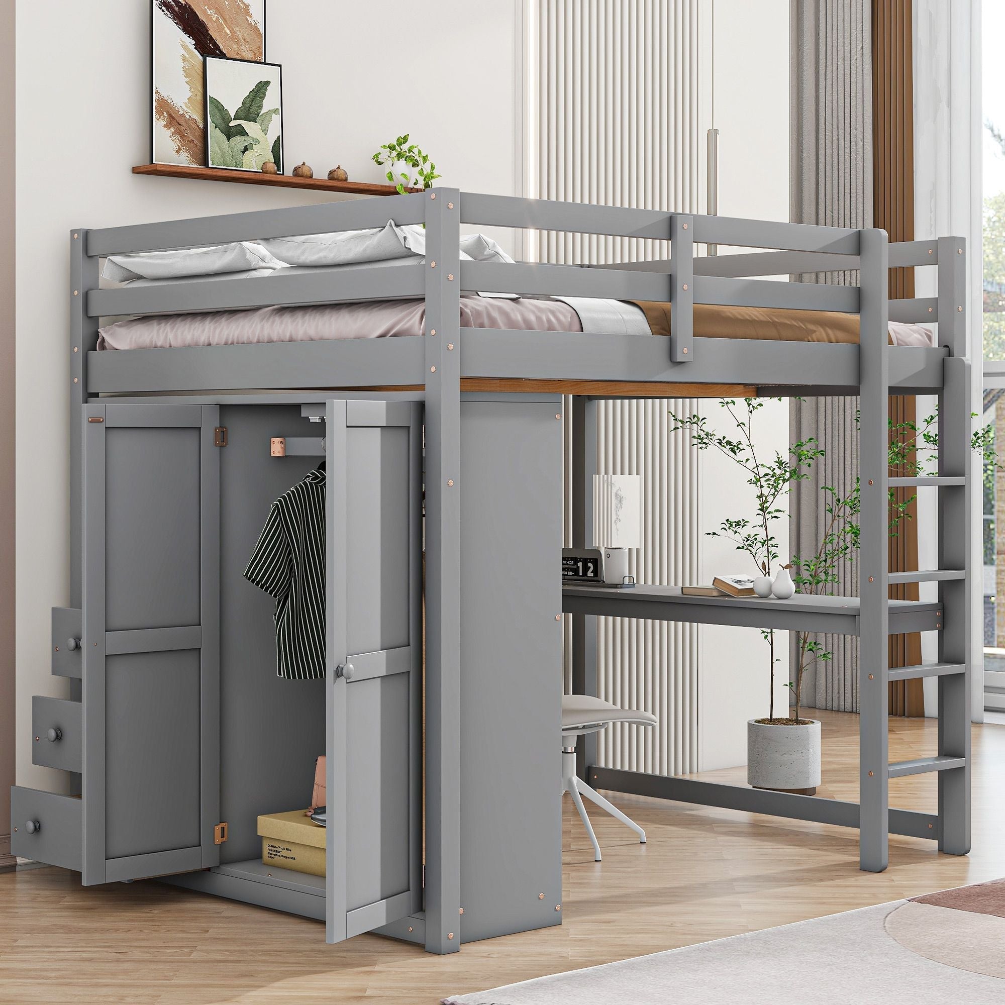 Full Size Wood Loft Bed with Built-in Wardrobe, Desk, and Storage, Gray | Just Better Bunk Beds