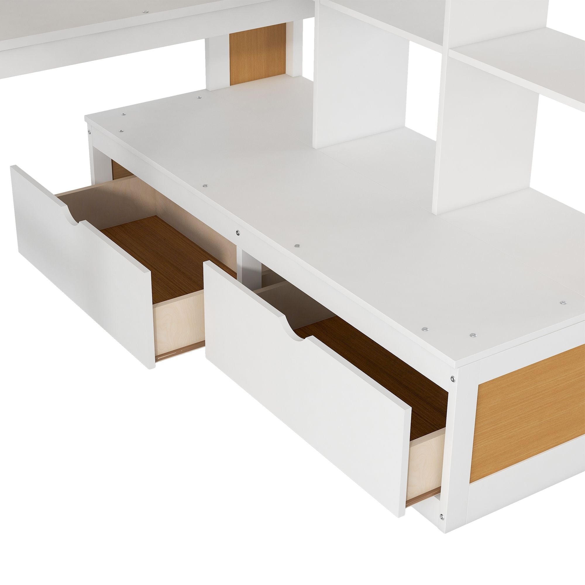 Full-Size Wood Loft Bed with Desk, Shelves, Drawers, Storage Staircase White and Natural | Just Better Bunk Beds