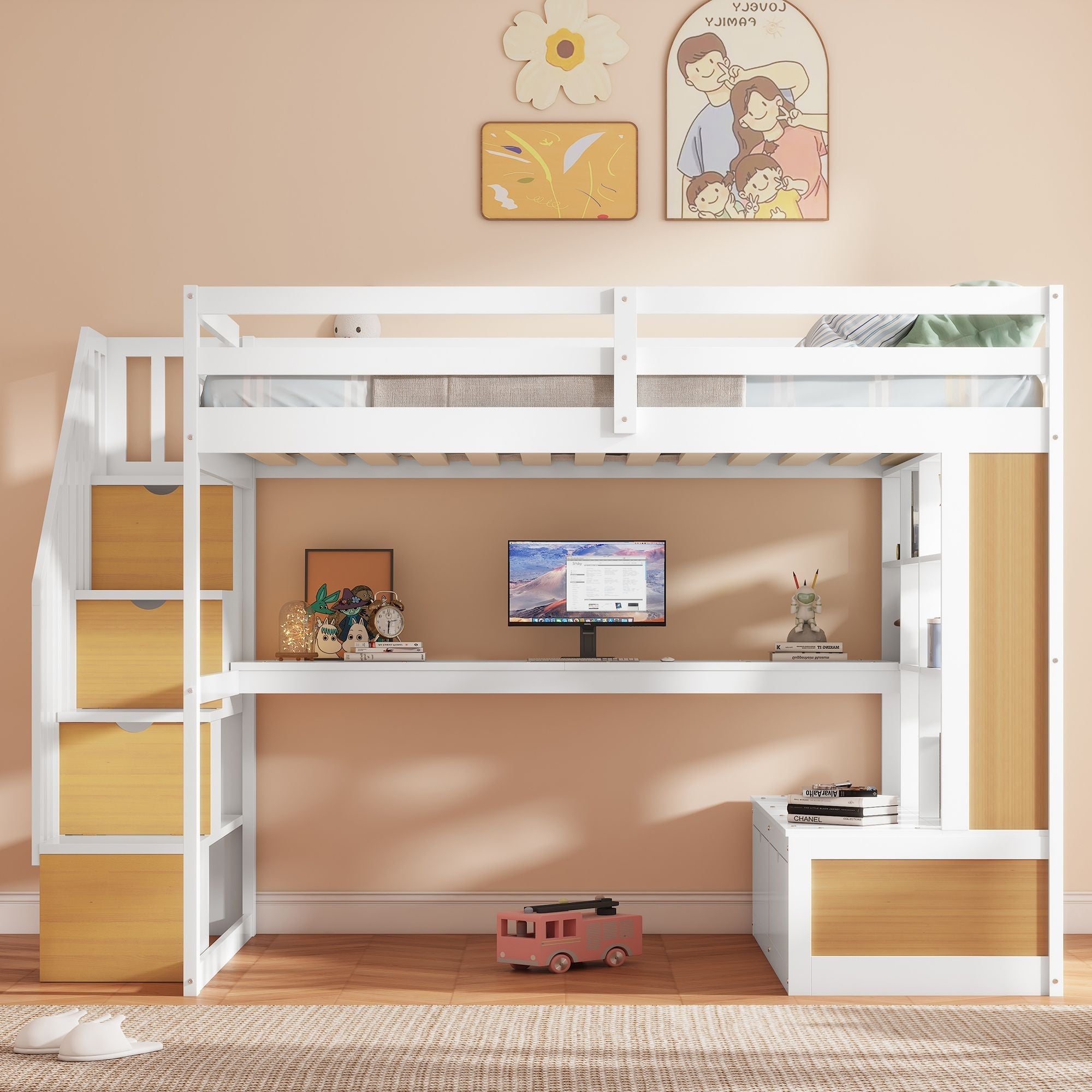 Full-Size Wood Loft Bed with Desk, Shelves, Drawers, Storage Staircase White and Natural | Just Better Bunk Beds
