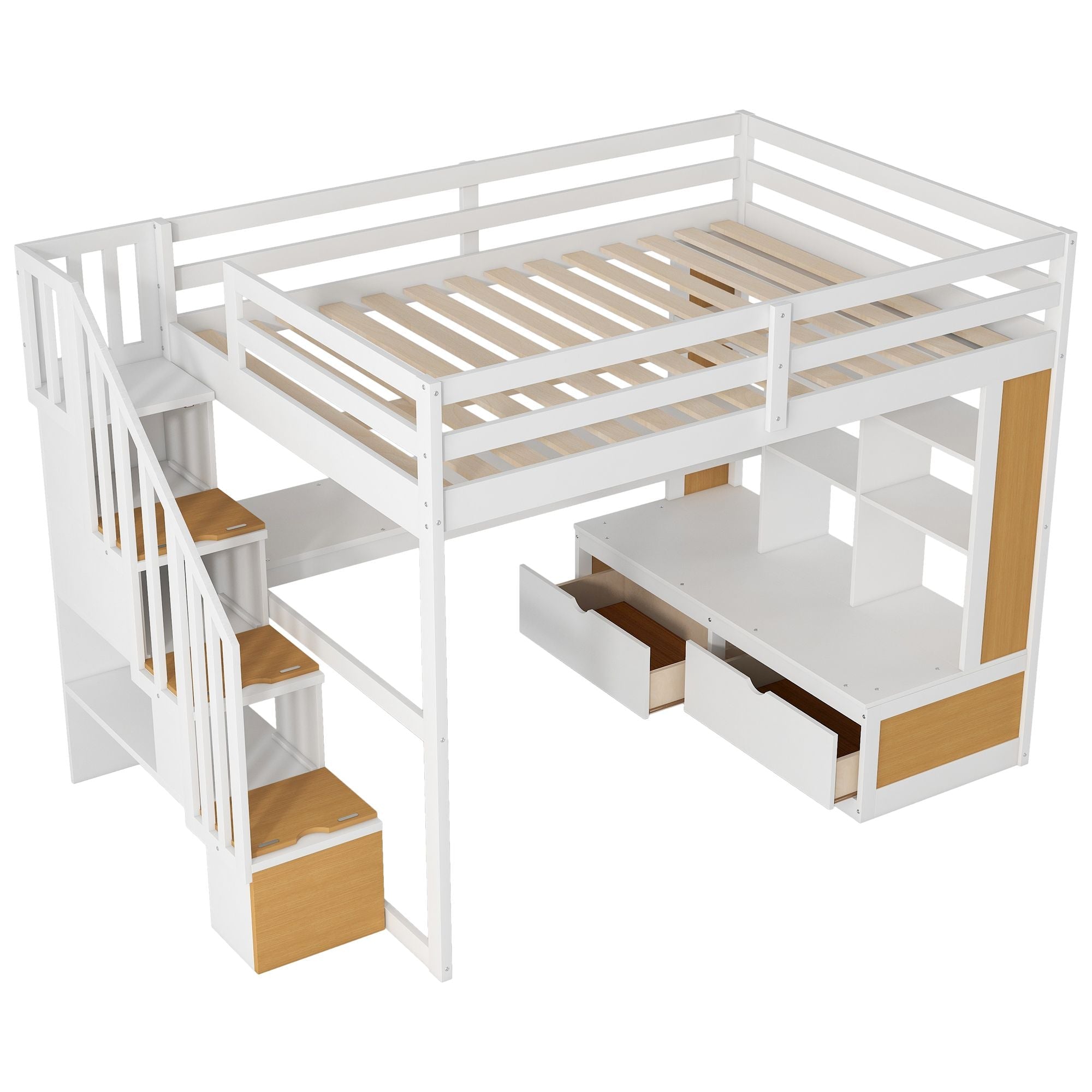 Full-Size Wood Loft Bed with Desk, Shelves, Drawers, Storage Staircase White and Natural | Just Better Bunk Beds
