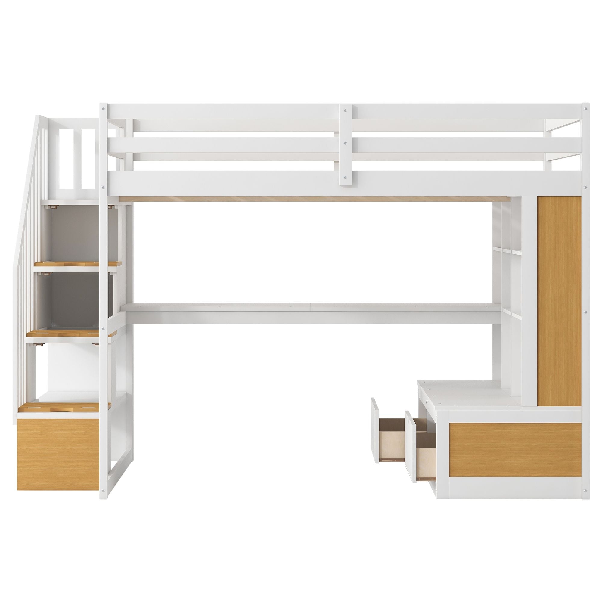 Full-Size Wood Loft Bed with Desk, Shelves, Drawers, Storage Staircase White and Natural | Just Better Bunk Beds