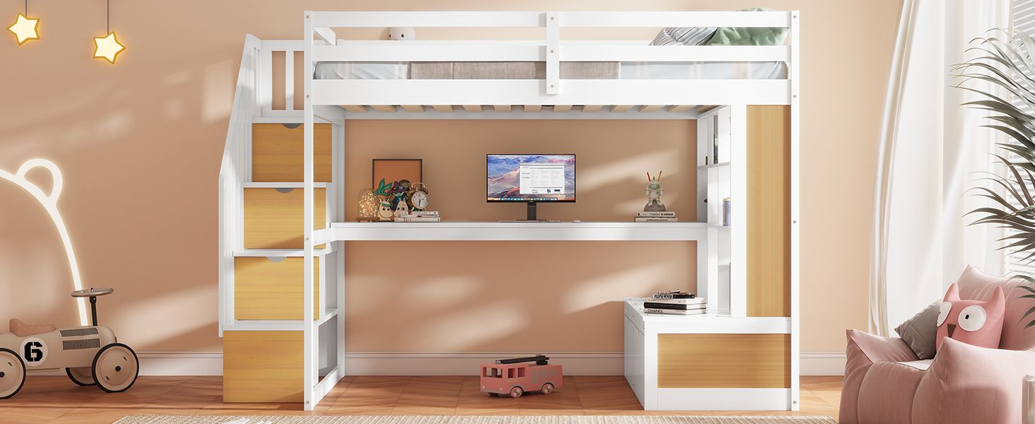 Full-Size Wood Loft Bed with Desk, Shelves, Drawers, Storage Staircase White and Natural | Just Better Bunk Beds
