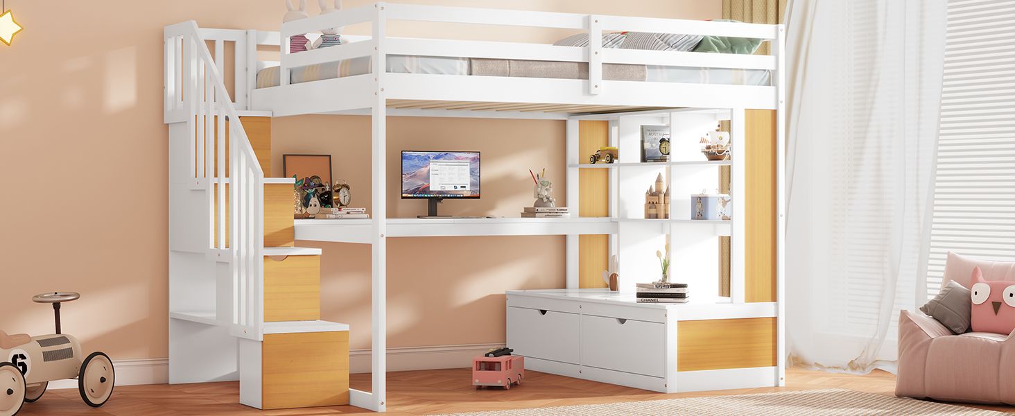 Full-Size Wood Loft Bed with Desk, Shelves, Drawers, Storage Staircase White and Natural | Just Better Bunk Beds