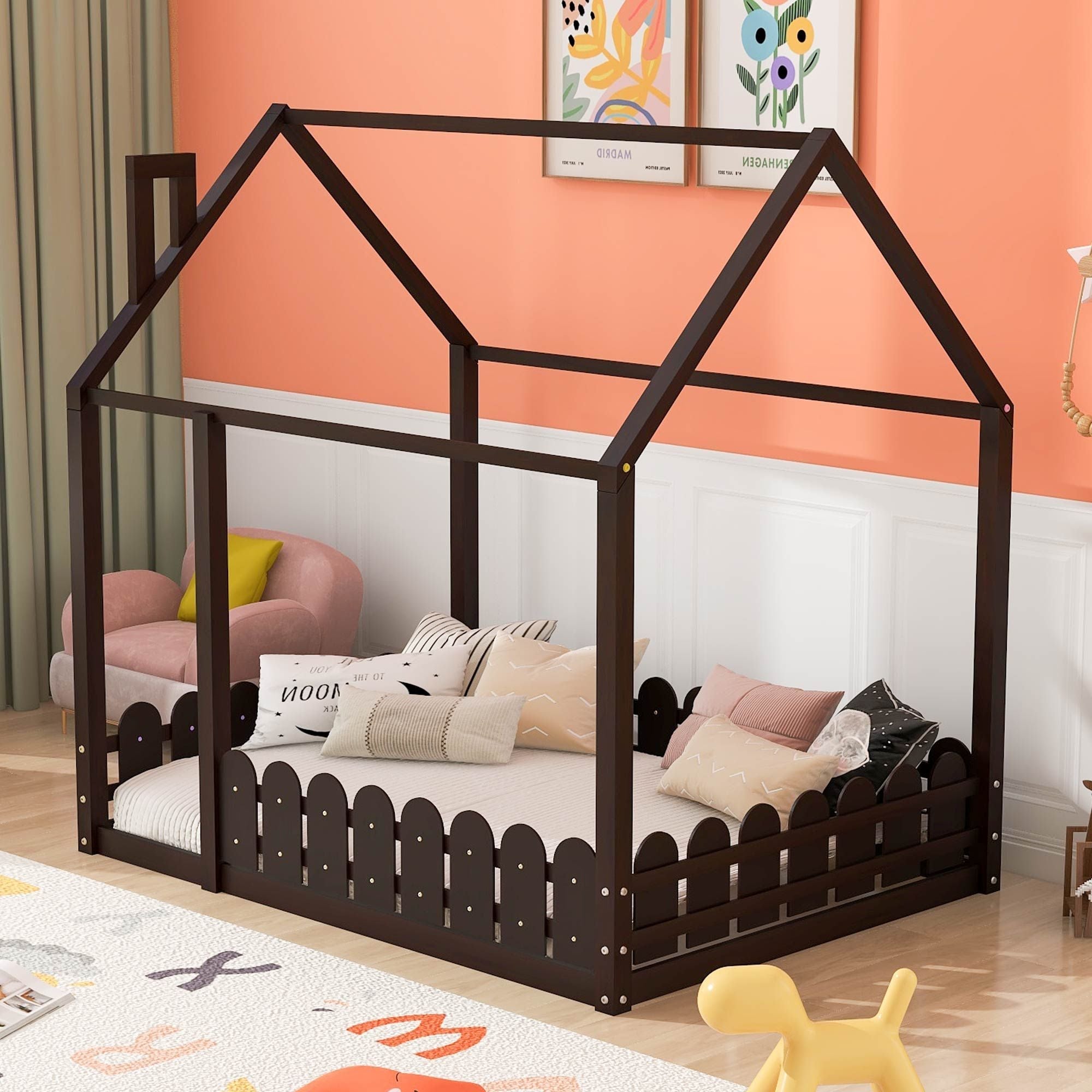 Full-Size Wooden Kids Bed with Protective Fence, House-Shaped Design in White, Gray, Espresso | Just Better Bunk Beds