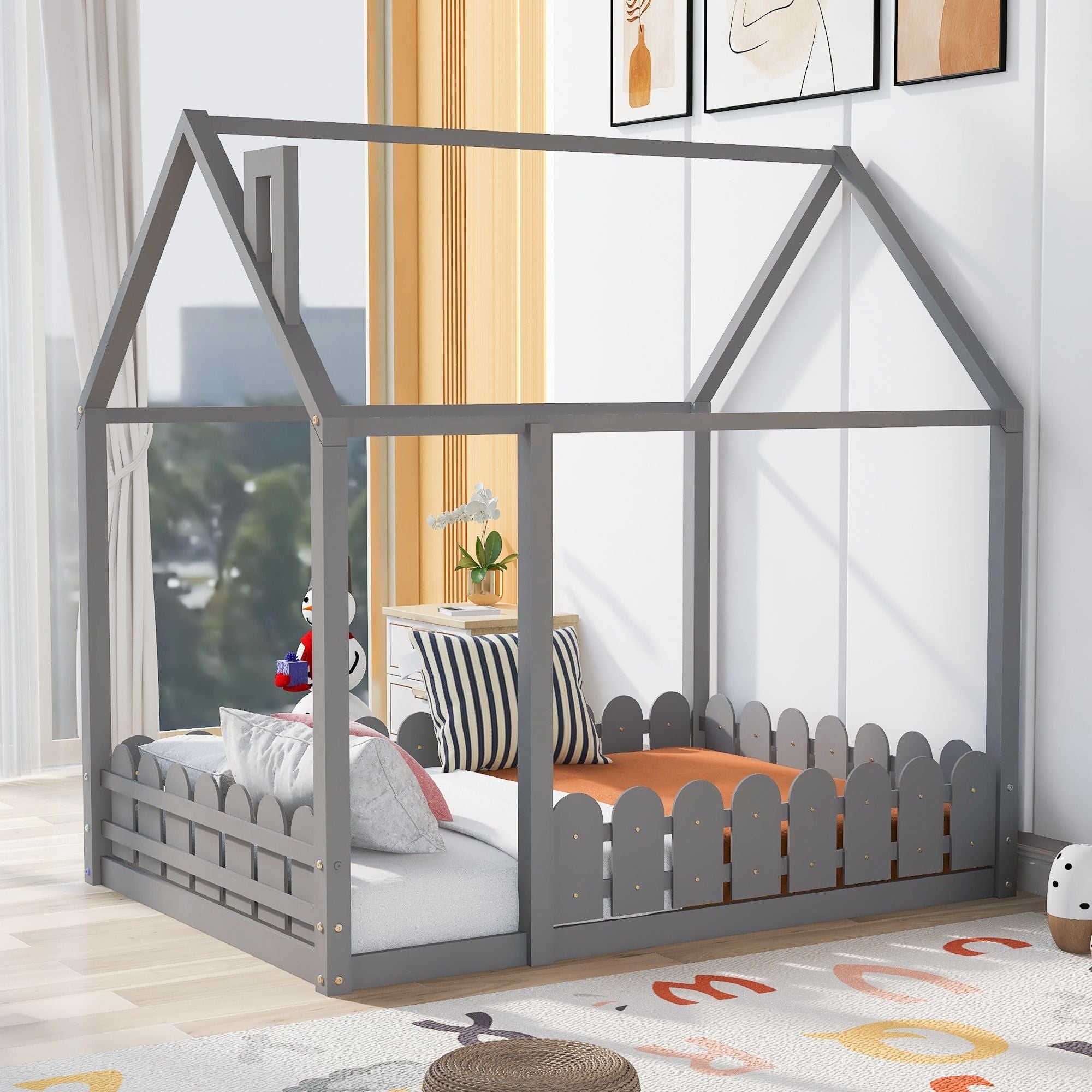 Full-Size Wooden Kids Bed with Protective Fence, House-Shaped Design in White, Gray, Espresso | Just Better Bunk Beds