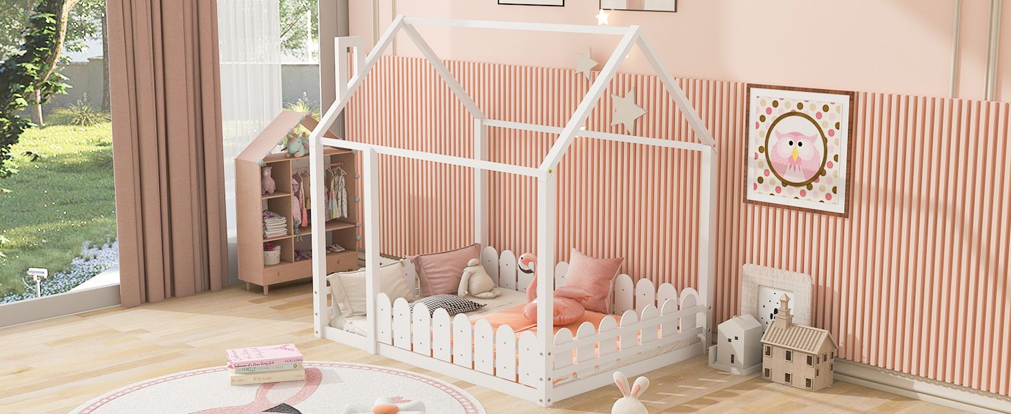 Full-Size Wooden Kids Bed with Protective Fence, House-Shaped Design in White, Gray, Espresso | Just Better Bunk Beds