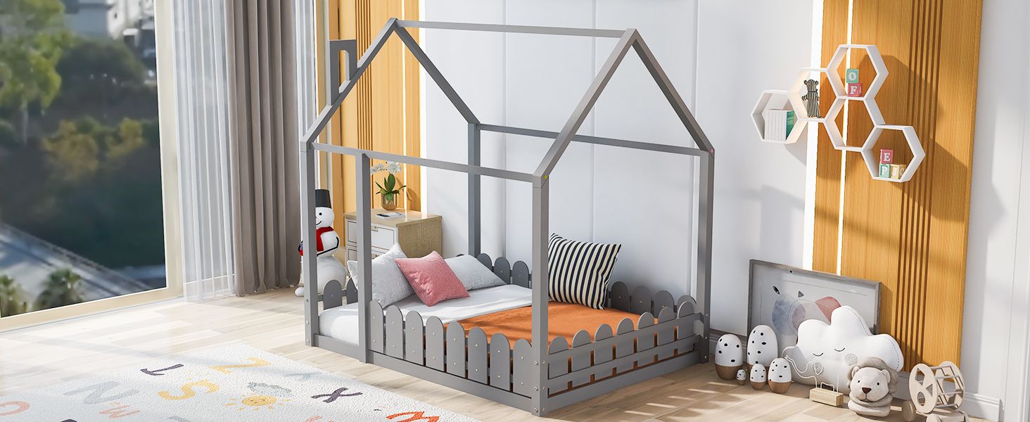 Full-Size Wooden Kids Bed with Protective Fence, House-Shaped Design in White, Gray, Espresso | Just Better Bunk Beds