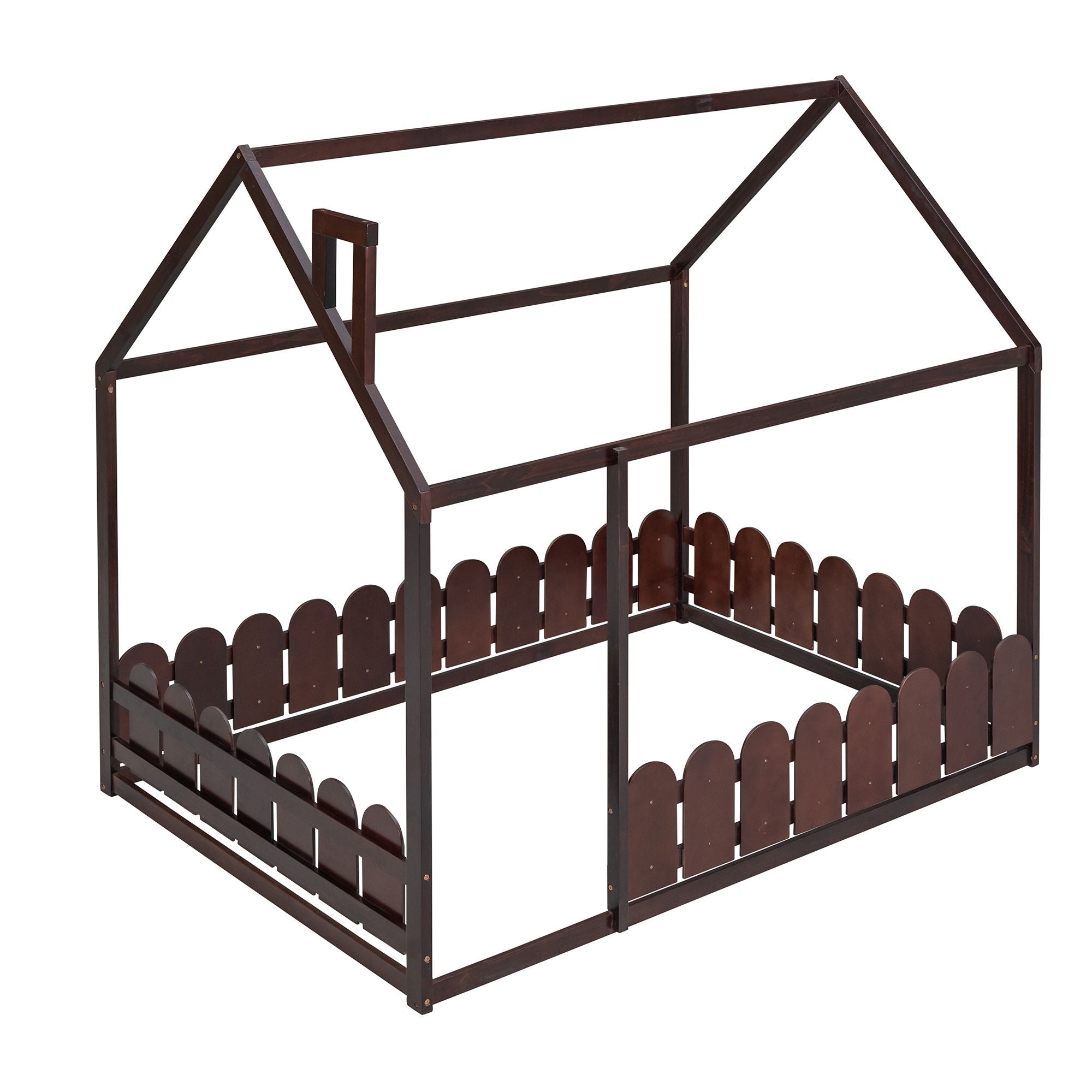 Full-Size Wooden Kids Bed with Protective Fence, House-Shaped Design in White, Gray, Espresso | Just Better Bunk Beds