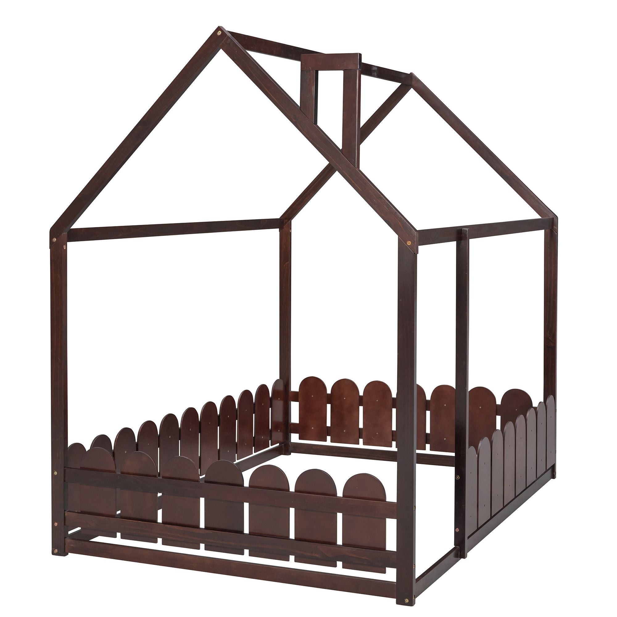 Full-Size Wooden Kids Bed with Protective Fence, House-Shaped Design in White, Gray, Espresso | Just Better Bunk Beds