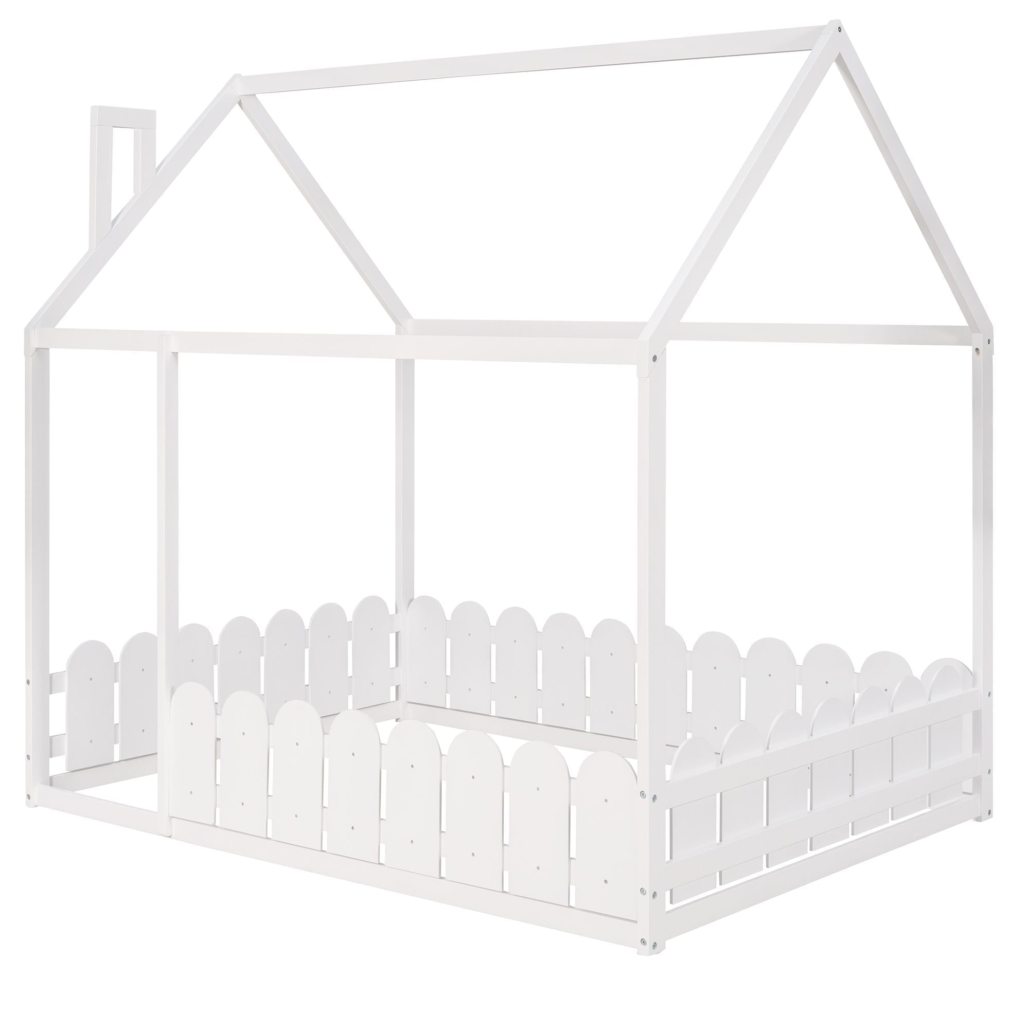 Full-Size Wooden Kids Bed with Protective Fence, House-Shaped Design in White, Gray, Espresso | Just Better Bunk Beds