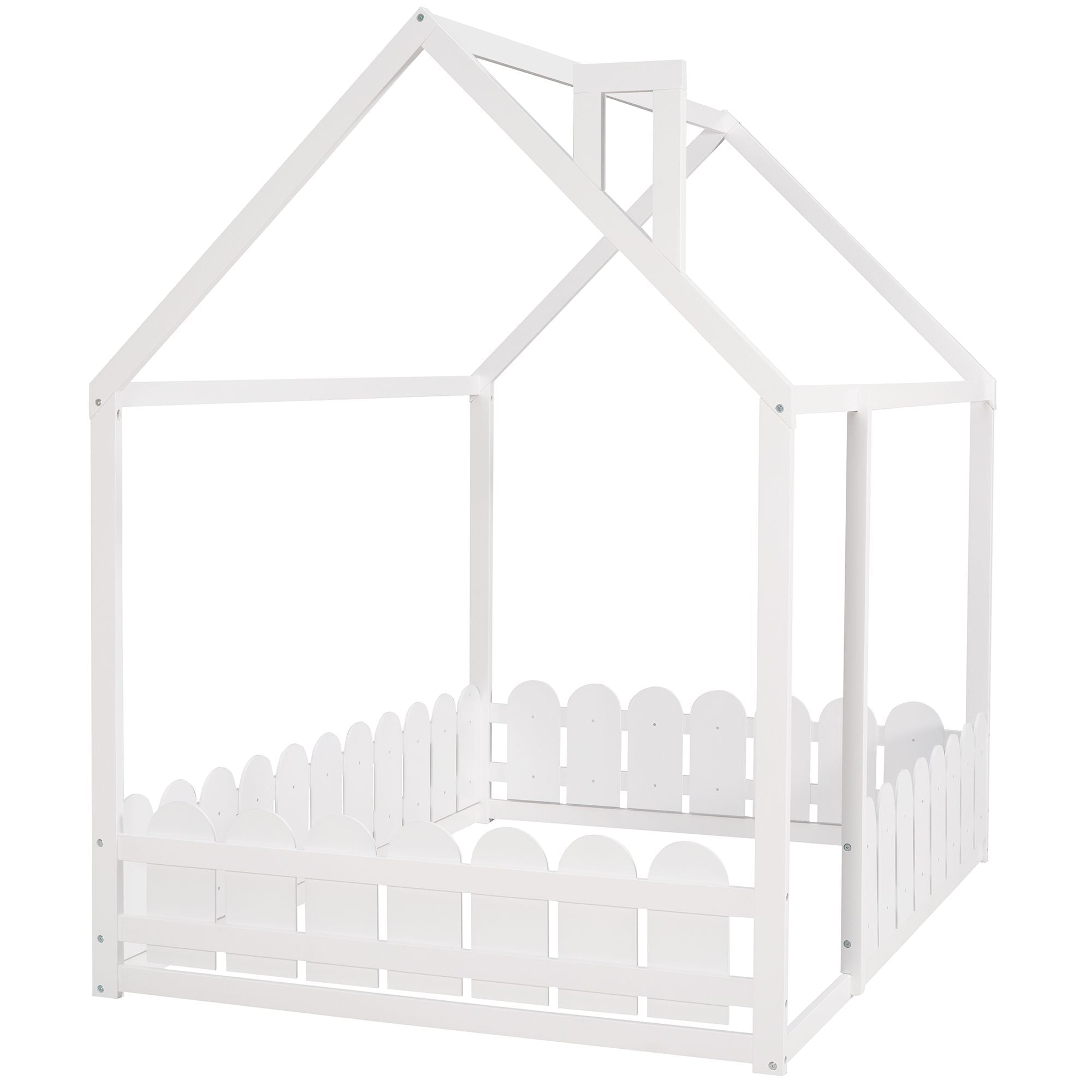 Full-Size Wooden Kids Bed with Protective Fence, House-Shaped Design in White, Gray, Espresso | Just Better Bunk Beds