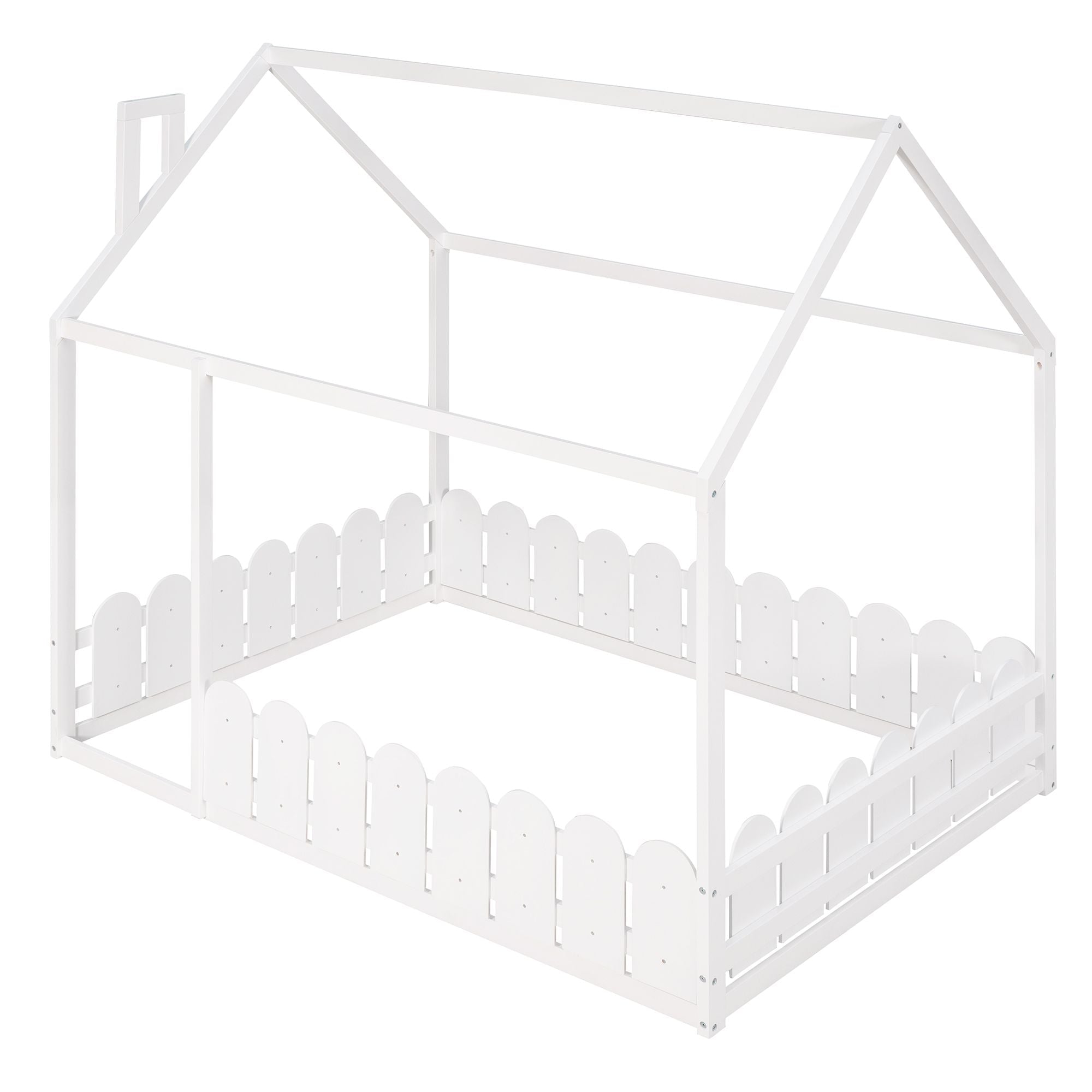 Full-Size Wooden Kids Bed with Protective Fence, House-Shaped Design in White, Gray, Espresso | Just Better Bunk Beds