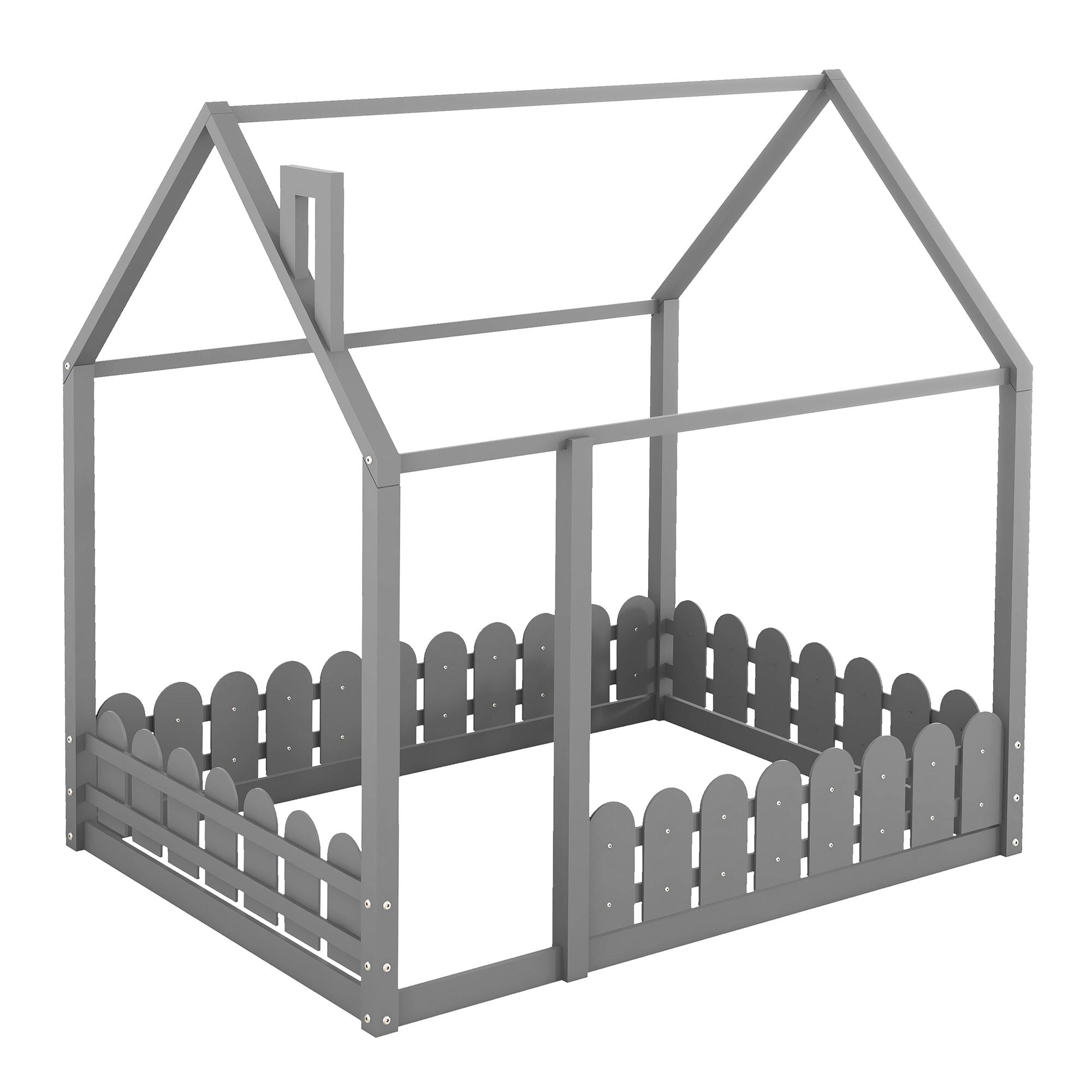 Full-Size Wooden Kids Bed with Protective Fence, House-Shaped Design in White, Gray, Espresso | Just Better Bunk Beds