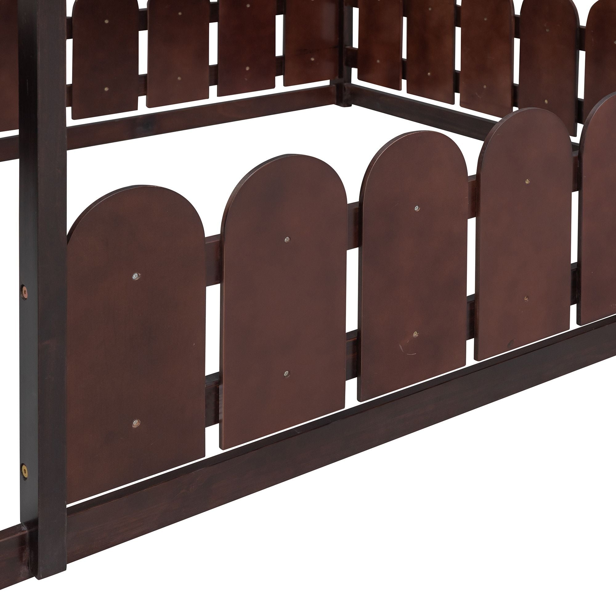 Full-Size Wooden Kids Bed with Protective Fence, House-Shaped Design in White, Gray, Espresso | Just Better Bunk Beds
