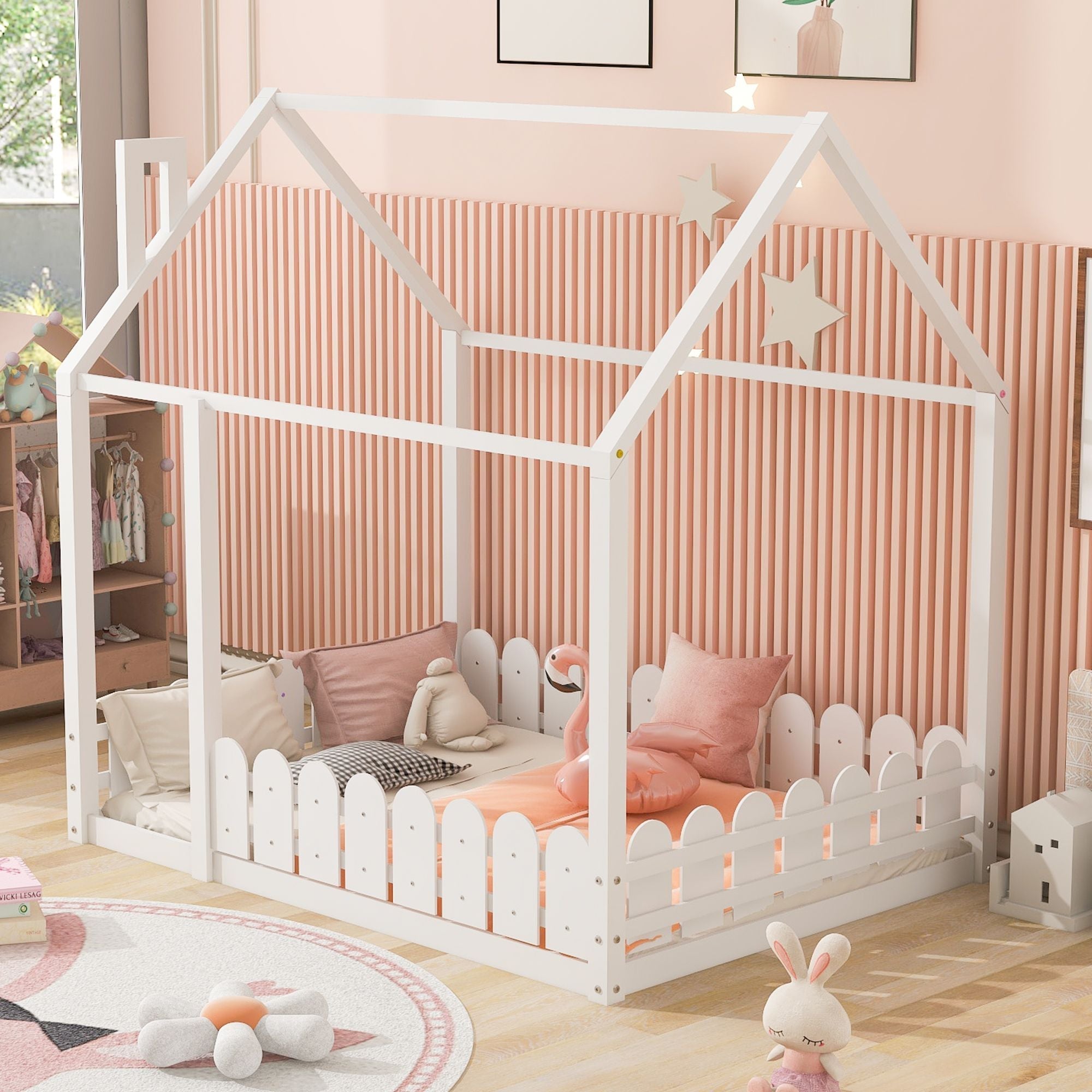 Full-Size Wooden Kids Bed with Protective Fence, House-Shaped Design in White, Gray, Espresso | Just Better Bunk Beds