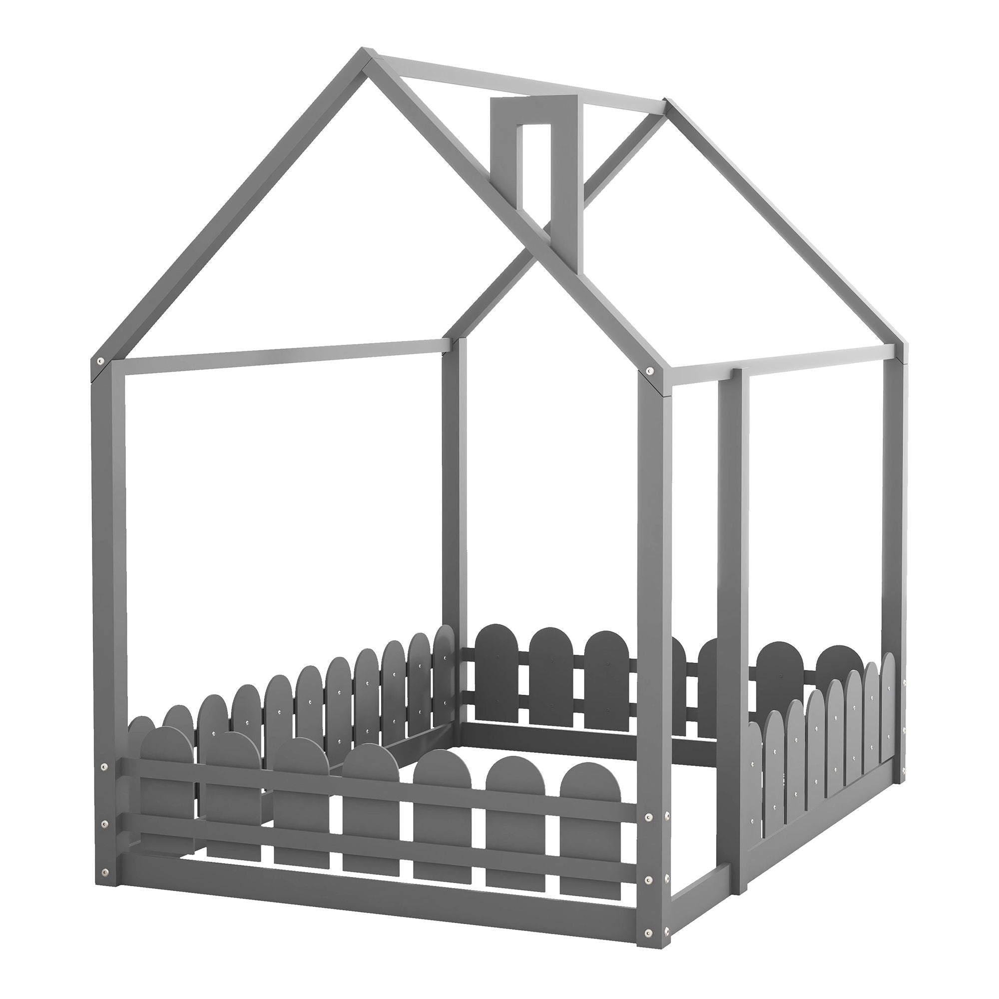 Full-Size Wooden Kids Bed with Protective Fence, House-Shaped Design in White, Gray, Espresso | Just Better Bunk Beds