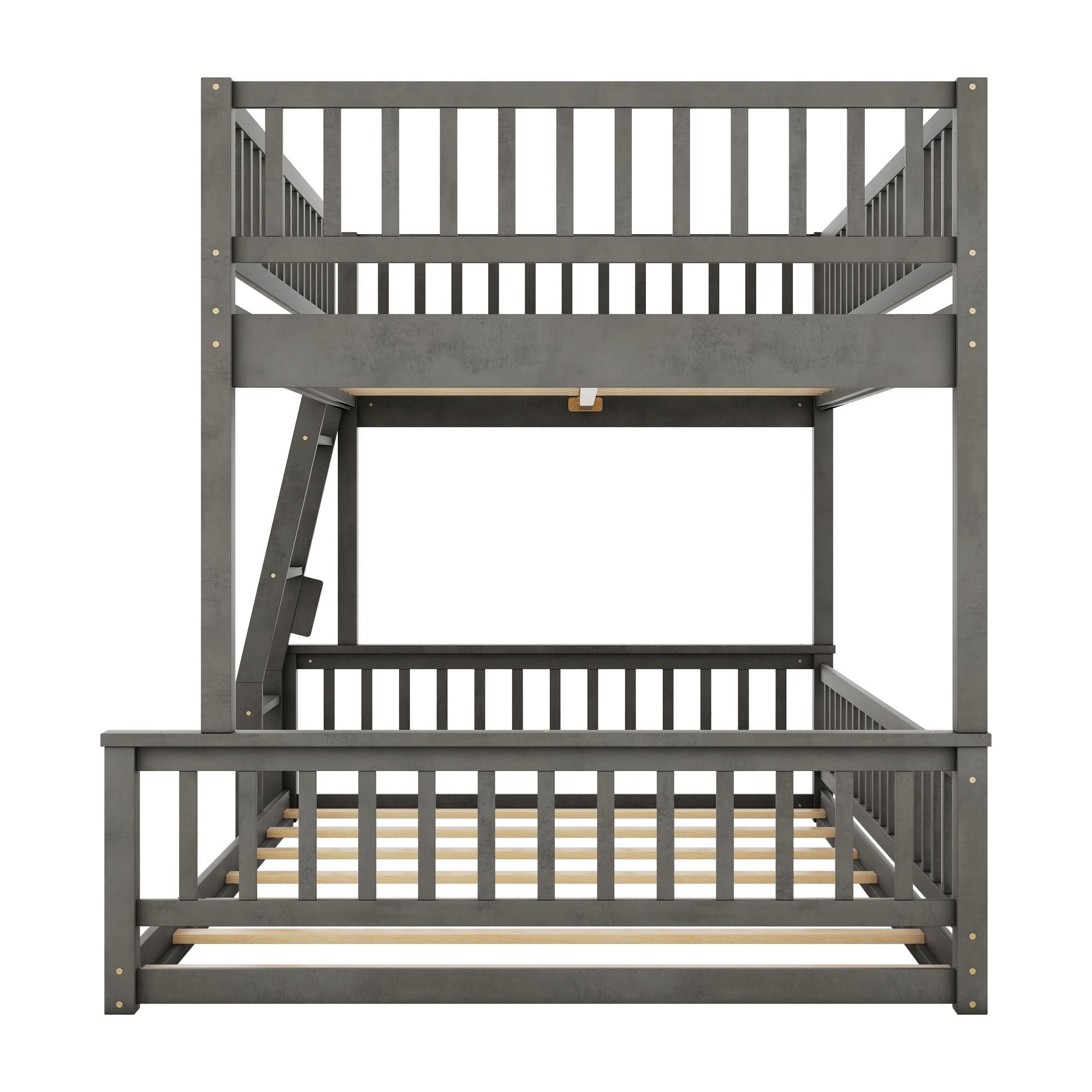 Full XL Over Queen Wood Bunk Bed with Ladder and Guardrails, Gray | Just Better Bunk Beds