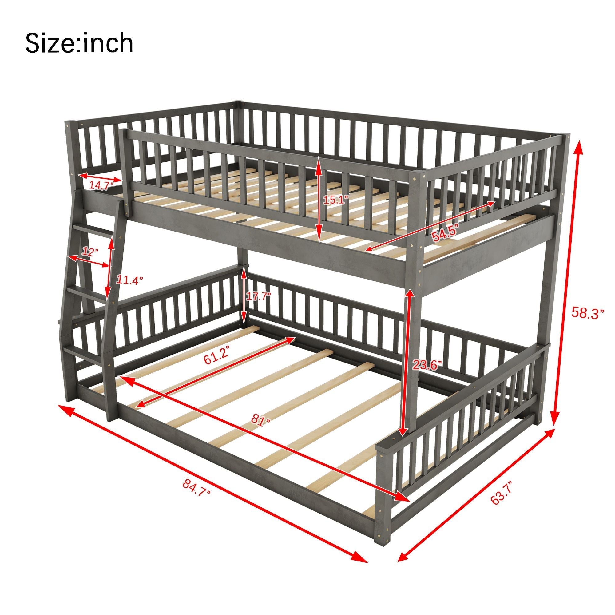 Full XL Over Queen Wood Bunk Bed with Ladder and Guardrails, Gray | Just Better Bunk Beds